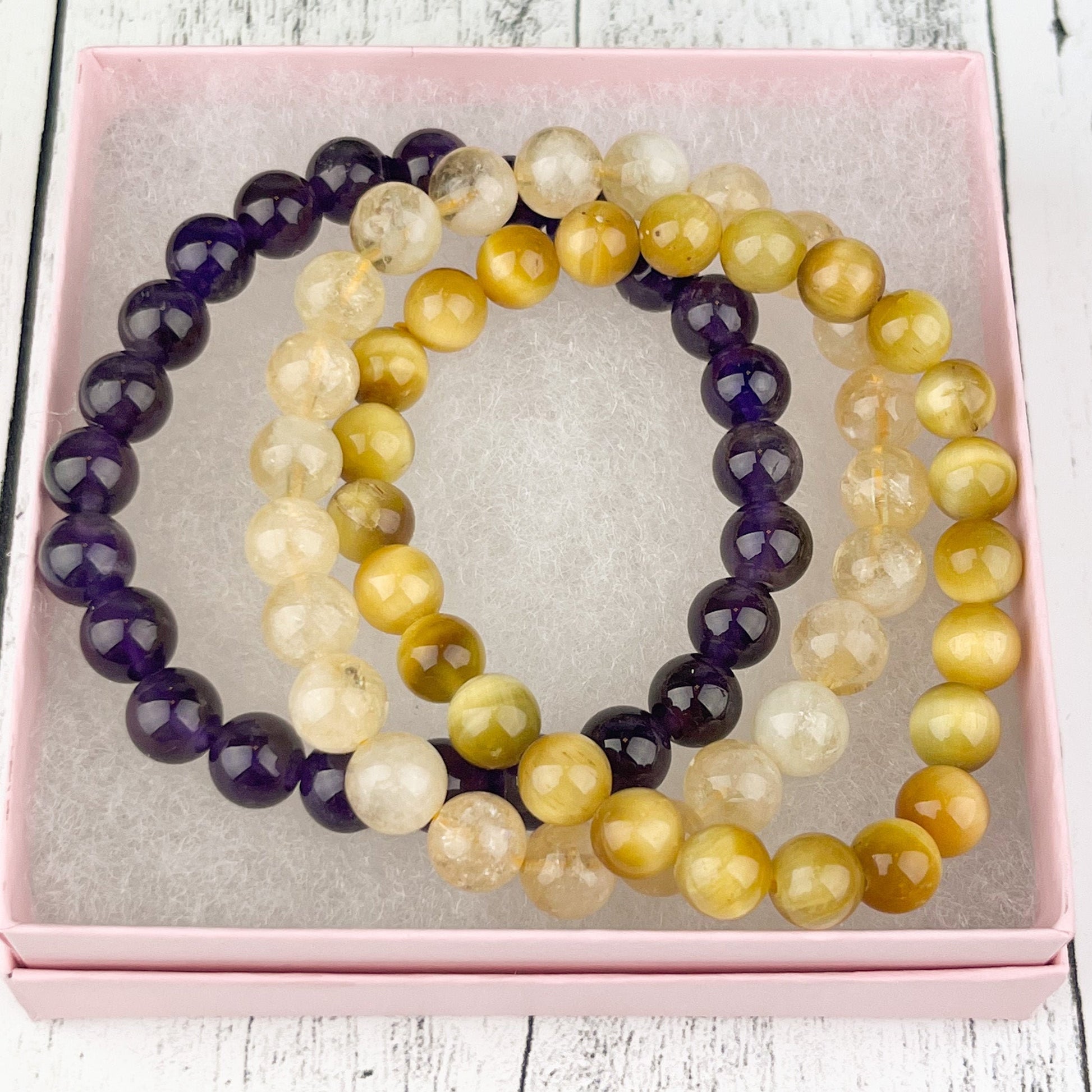 Gemstone Success Stack Bracelet Set with Amethyst, Citrine, and Tiger Eye Beads | Wealth, Prosperity, Success | Crystal Healing Bracelets | - Crystals for everyone • Crystals And Cord