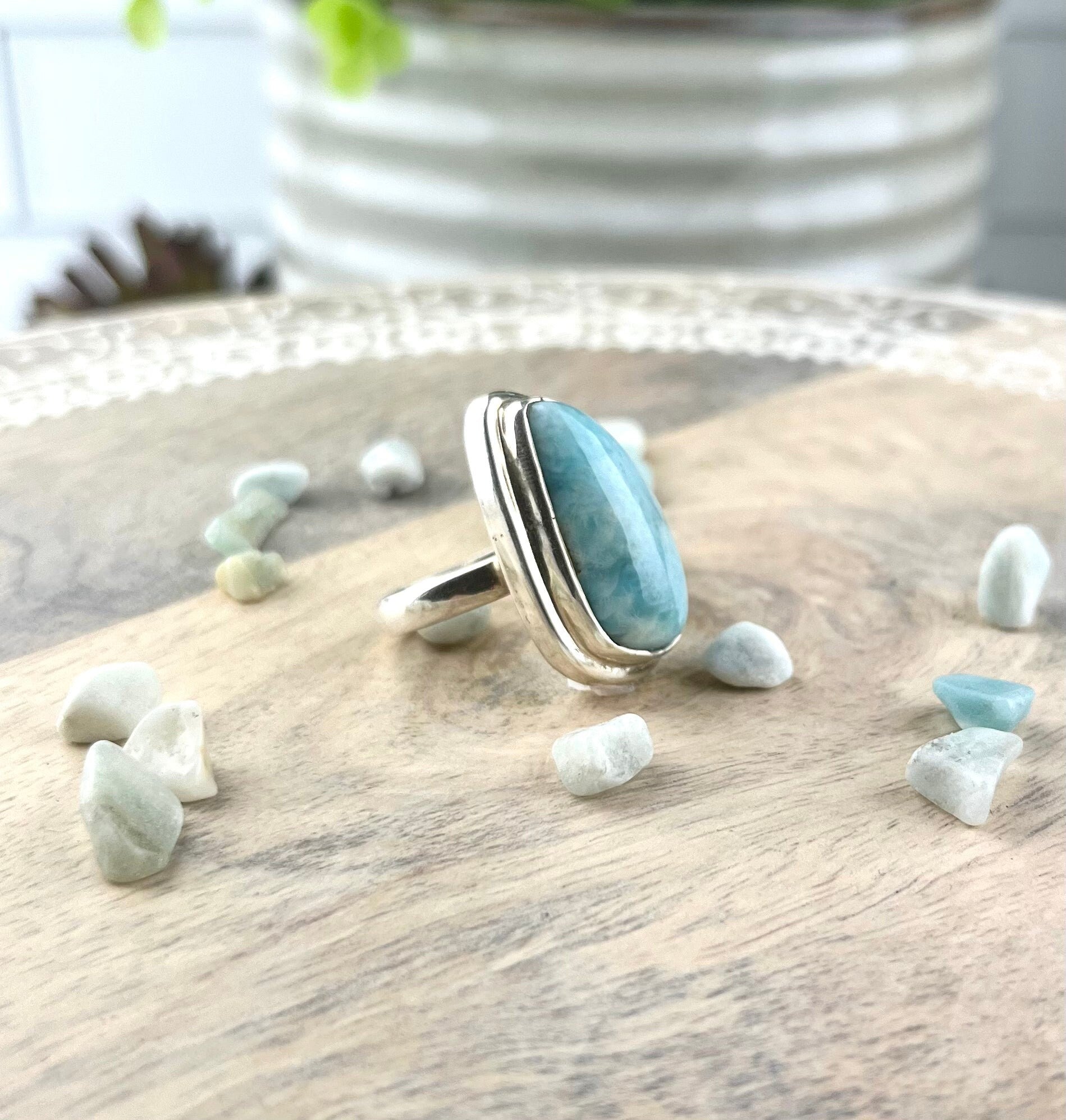 Larimar Gemstone .925 Sterling Silver Ring Represents Peace and clarity stimulates the Chakras - Crystals for everyone • Crystals And Cord