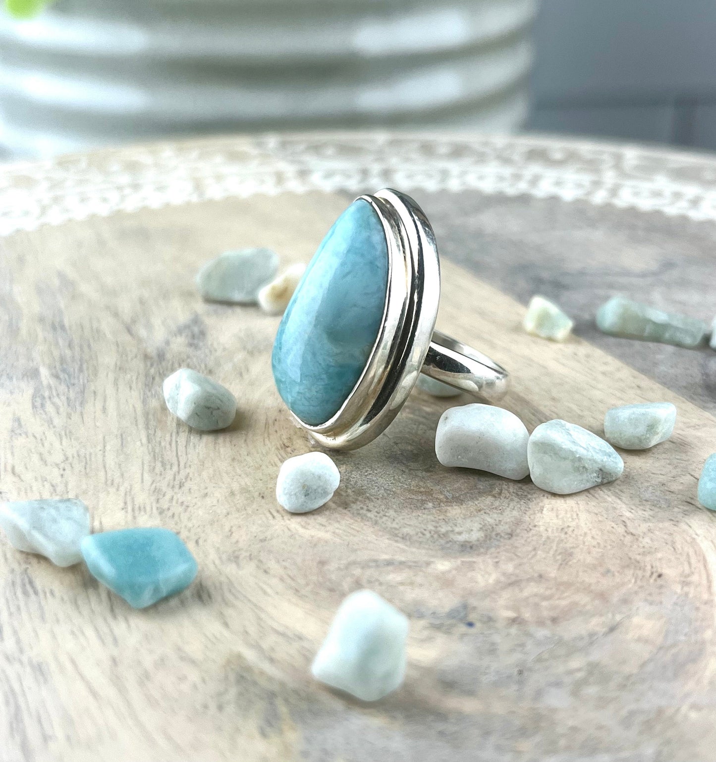 Larimar Gemstone .925 Sterling Silver Ring Represents Peace and clarity stimulates the Chakras - Crystals for everyone • Crystals And Cord