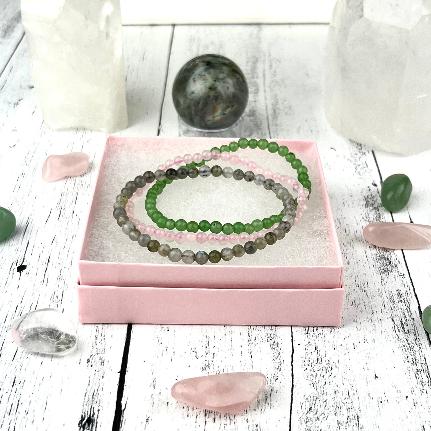 Happiness Stacking Bracelet Set • Labradorite, Rose Quartz & Green Aventurine • 4mm Beads • Crystal Healing Jewelry • Heart Chakra Gift - Crystals for everyone • Crystals And Cord