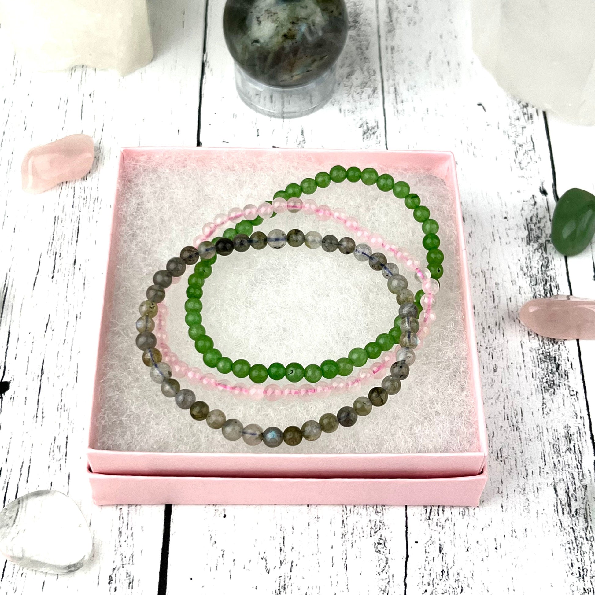 Happiness Stacking Bracelet Set • Labradorite, Rose Quartz & Green Aventurine • 4mm Beads • Crystal Healing Jewelry • Heart Chakra Gift - Crystals for everyone • Crystals And Cord