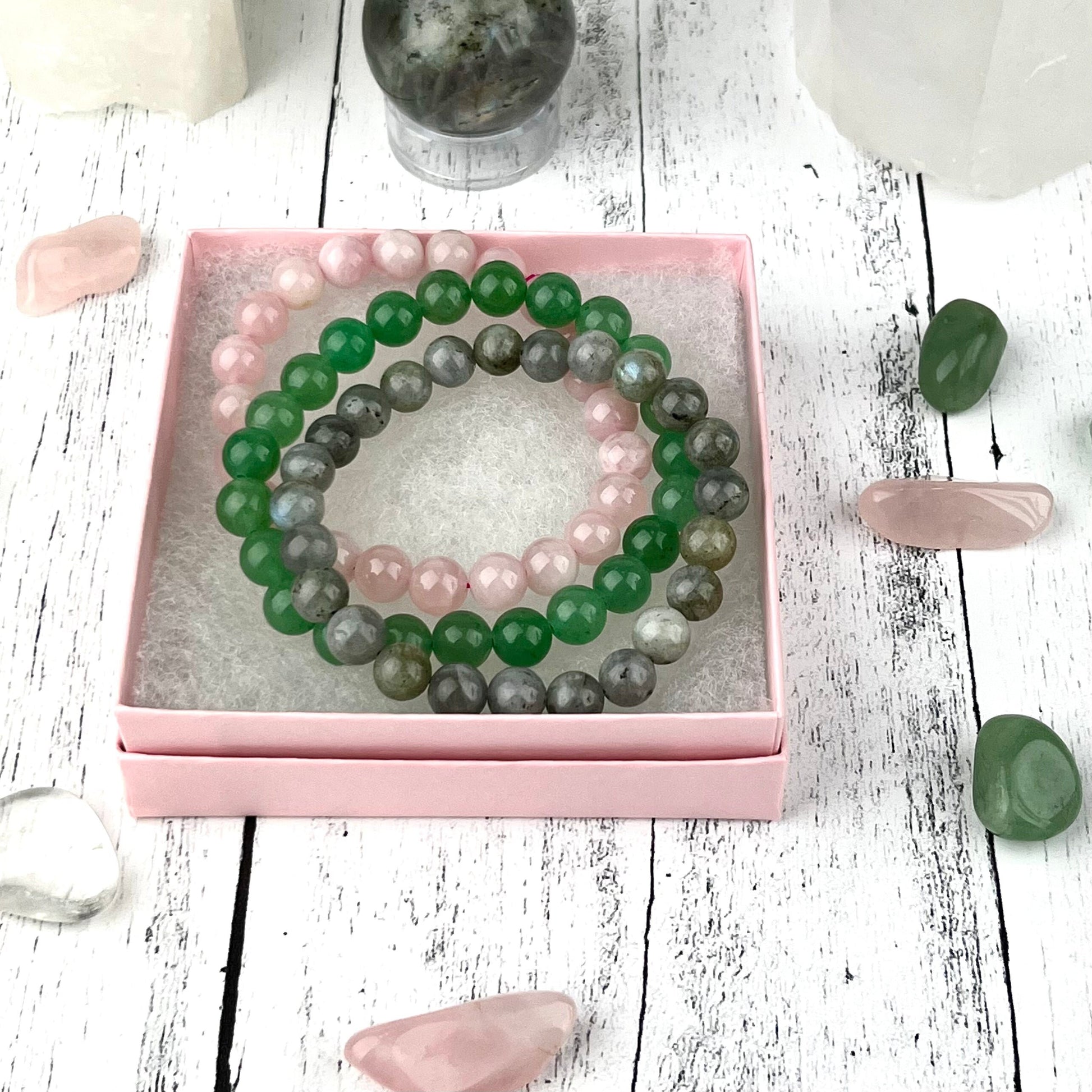 Happiness Crystal Bracelet Set 8mm • Rose Quartz, Green Aventurine & Labradorite • Stretch Gemstone Stack • Heart Chakra Healing Jewelry - Crystals for everyone • Crystals And Cord