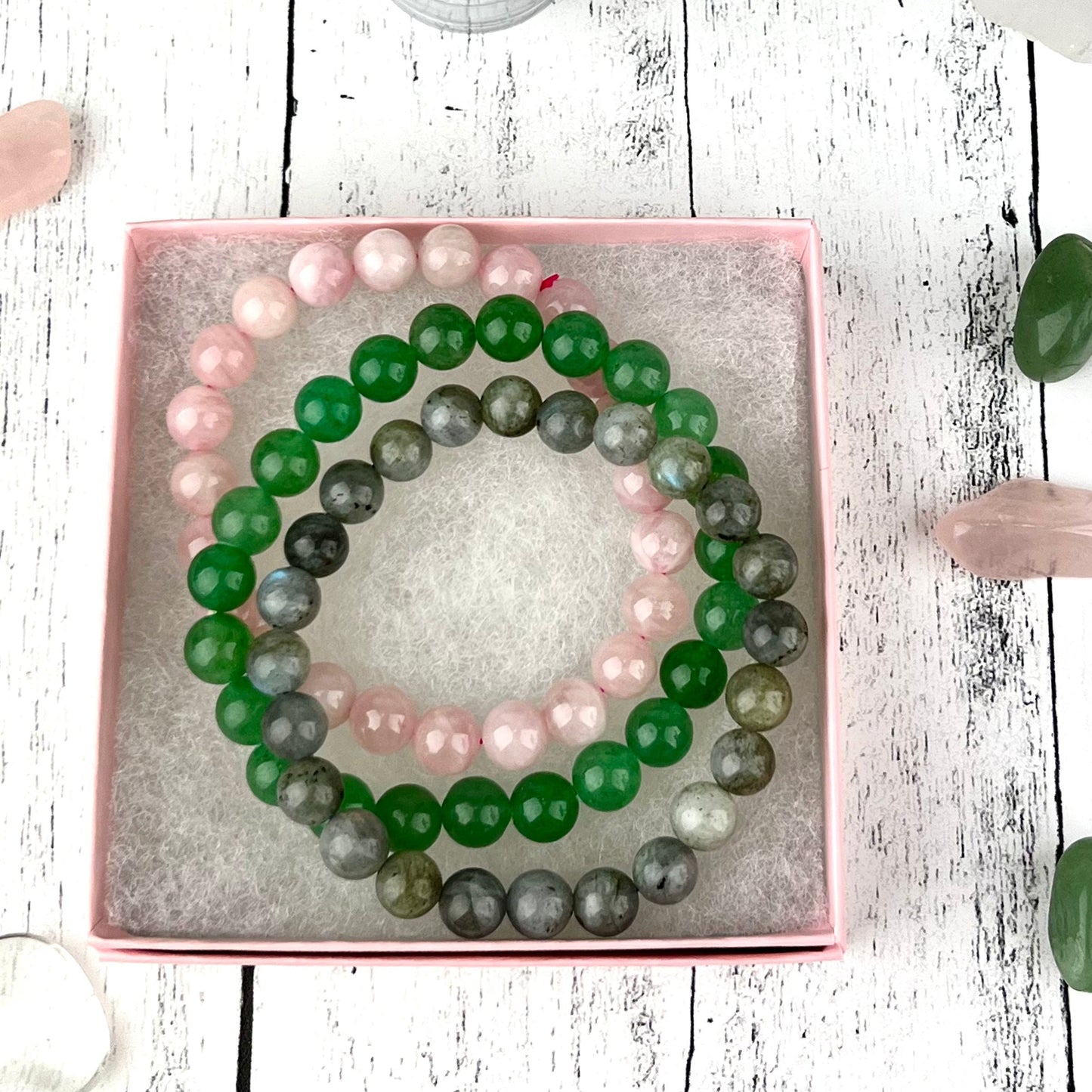 Happiness Crystal Bracelet Set 8mm • Rose Quartz, Green Aventurine & Labradorite • Stretch Gemstone Stack • Heart Chakra Healing Jewelry - Crystals for everyone • Crystals And Cord