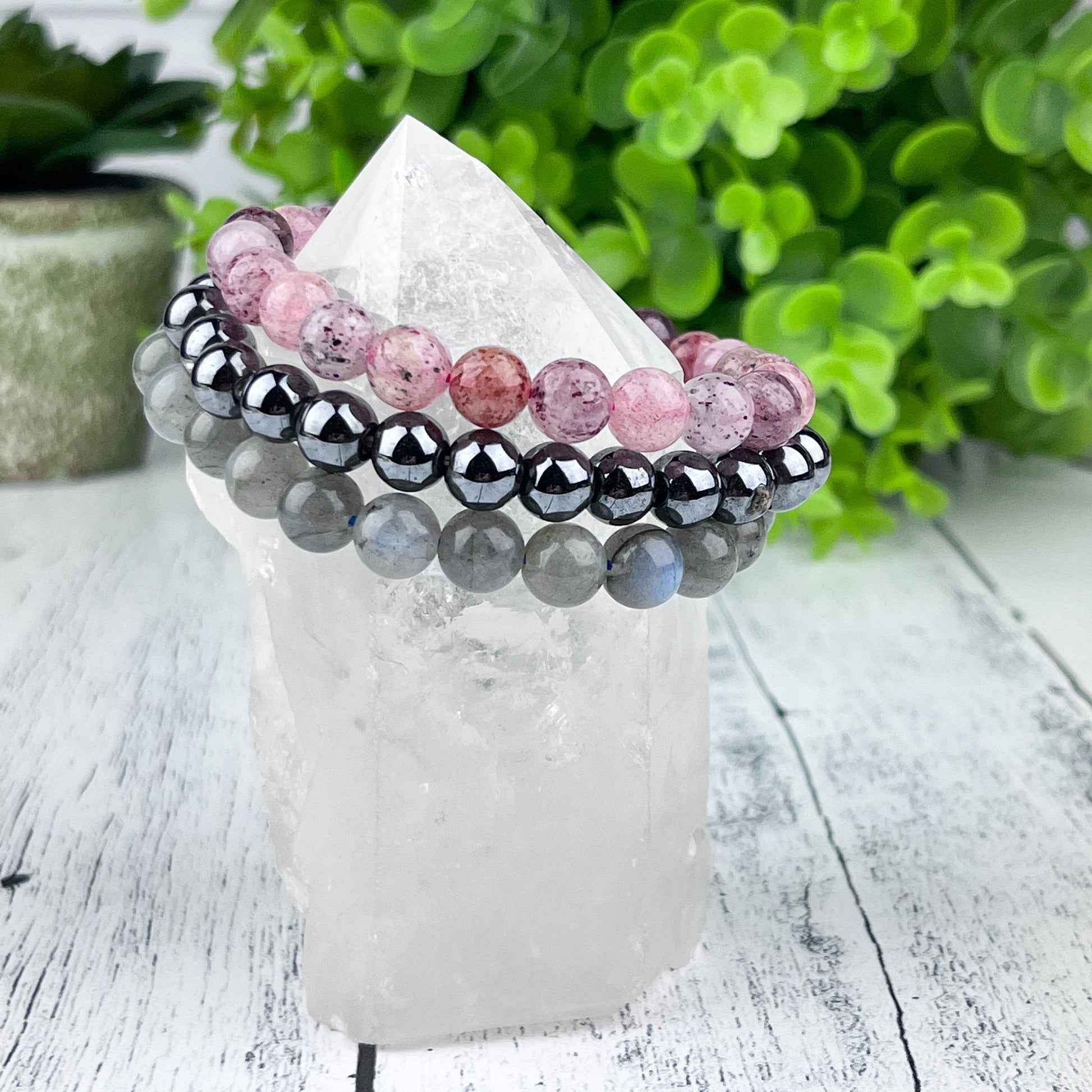 Gemstone Strength Stack Bracelet Set - Hematite Labradorite Red Aventurine - 8mm Beads - Elastic - Grounding Calming Energy Protection - Crystals for everyone • Crystals And Cord