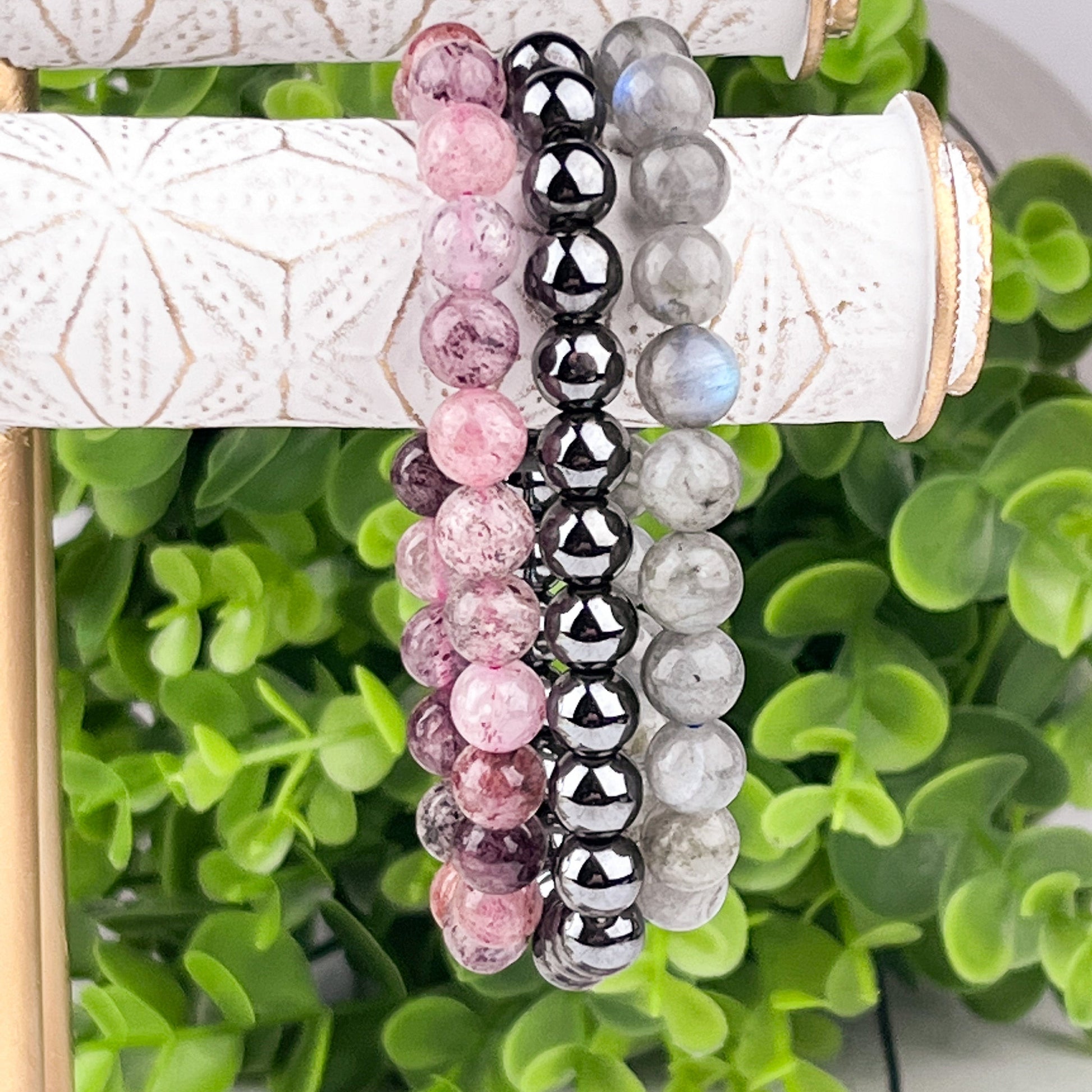 Gemstone Strength Stack Bracelet Set - Hematite Labradorite Red Aventurine - 8mm Beads - Elastic - Grounding Calming Energy Protection - Crystals for everyone • Crystals And Cord