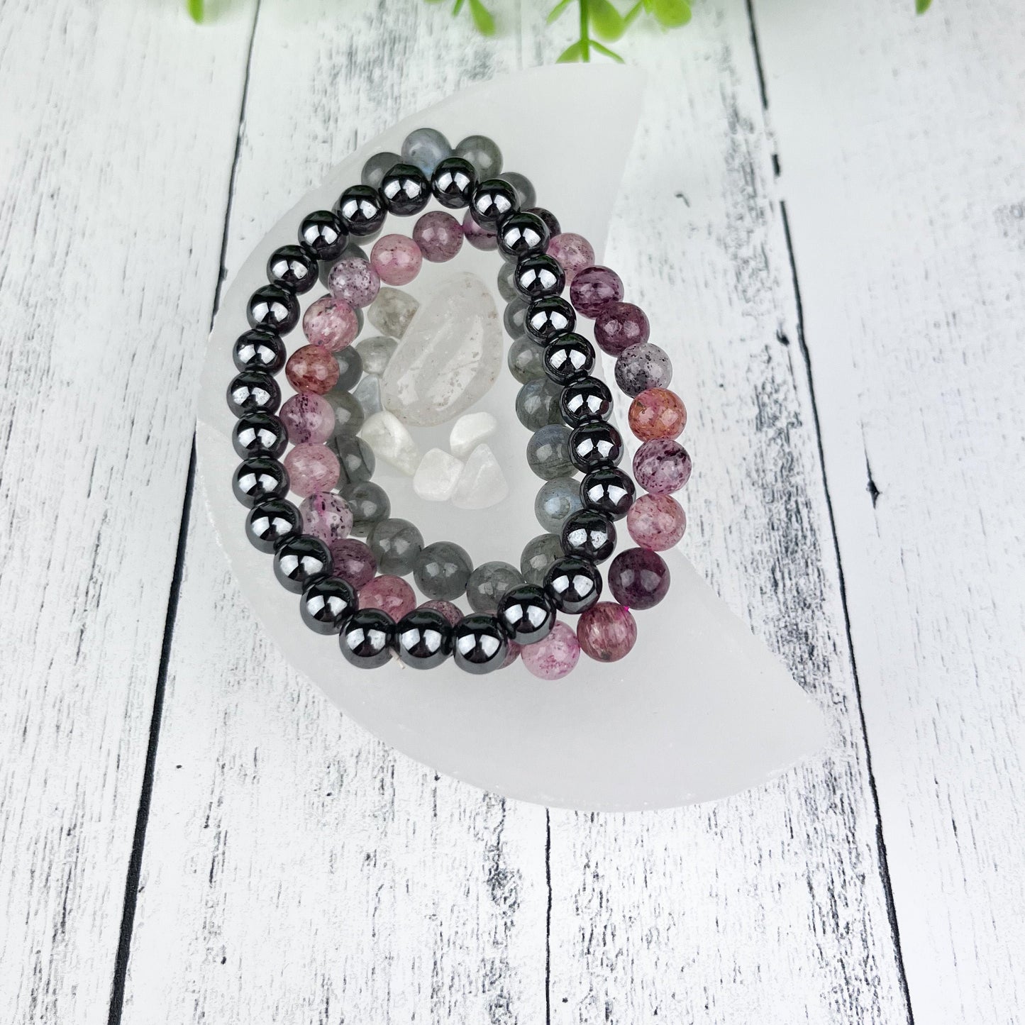 Gemstone Strength Stack Bracelet Set - Hematite Labradorite Red Aventurine - 8mm Beads - Elastic - Grounding Calming Energy Protection - Crystals for everyone • Crystals And Cord