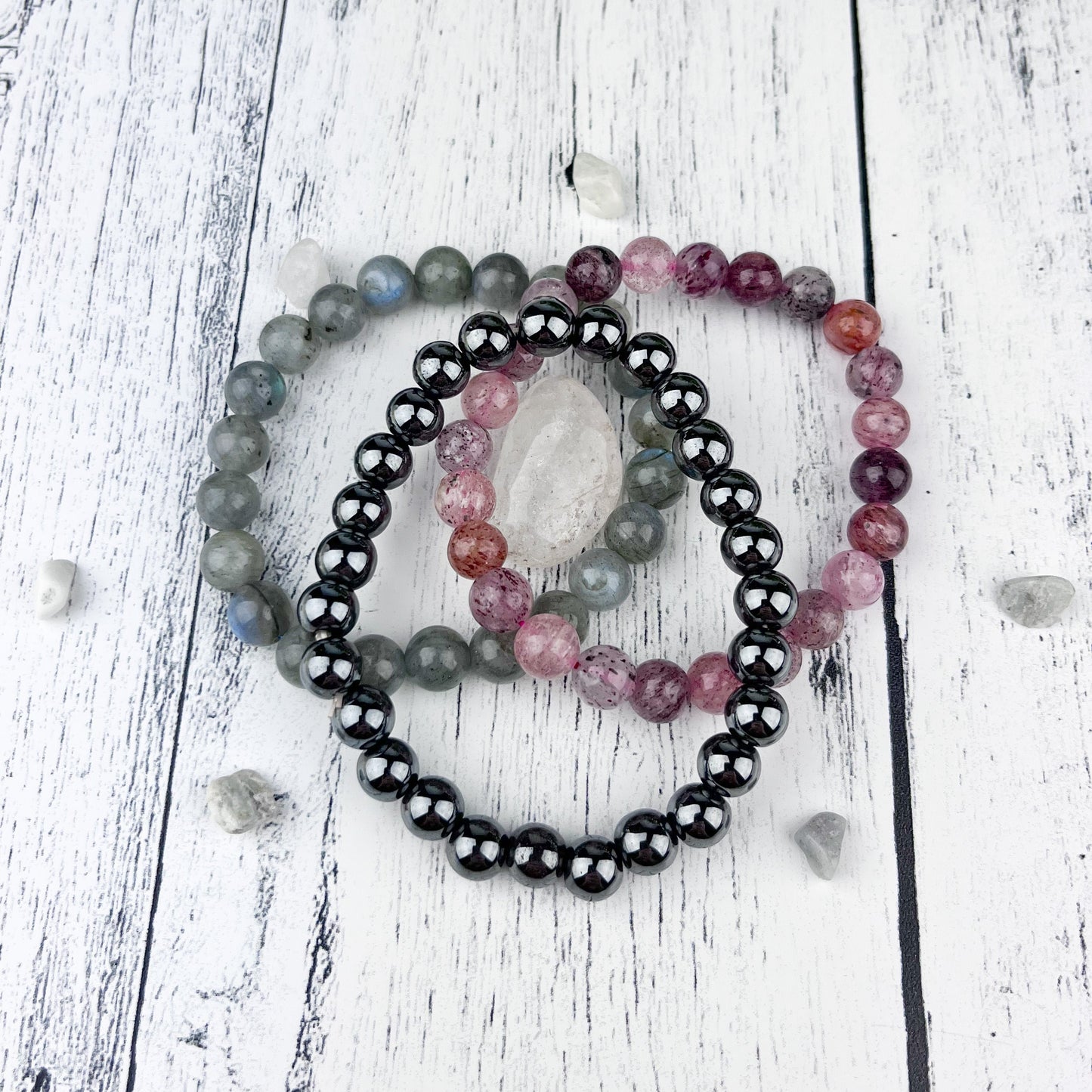 Gemstone Strength Stack Bracelet Set - Hematite Labradorite Red Aventurine - 8mm Beads - Elastic - Grounding Calming Energy Protection - Crystals for everyone • Crystals And Cord