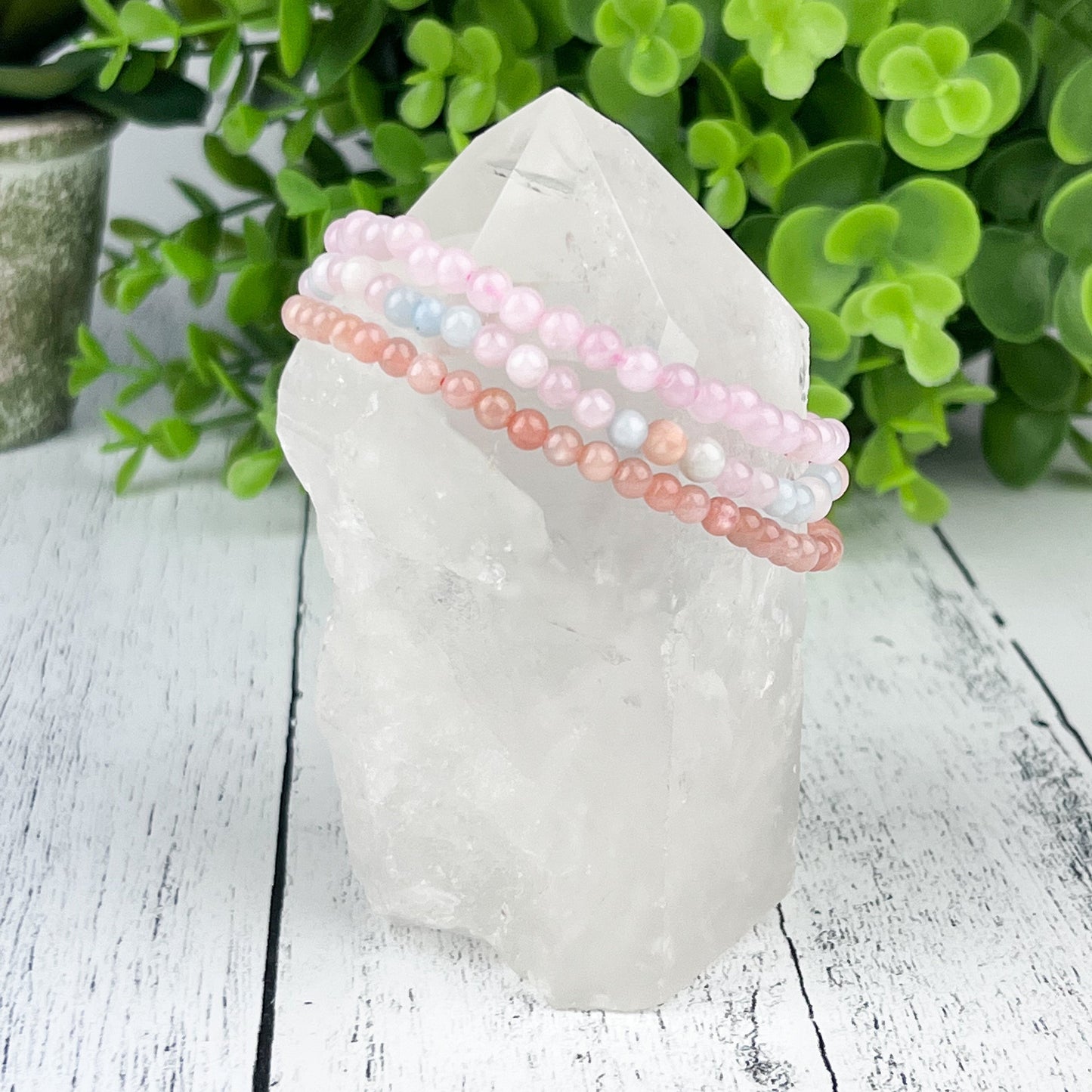 Self Love Stacking Bracelets • Rose Quartz, Morganite & Peach Moonstone • 4mm Beads • Feminine Energy Crystal Jewelry - Crystals for everyone • Crystals And Cord