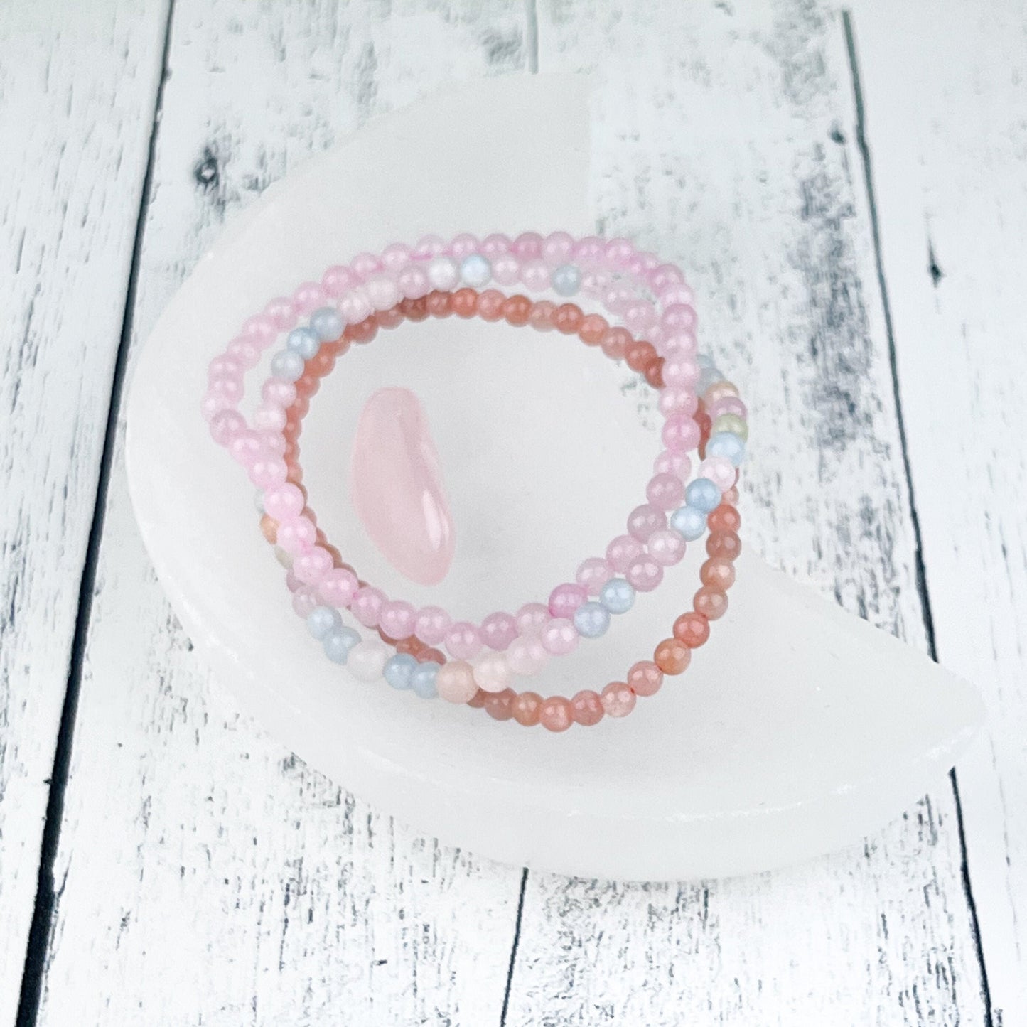 Self Love Stacking Bracelets • Rose Quartz, Morganite & Peach Moonstone • 4mm Beads • Feminine Energy Crystal Jewelry - Crystals for everyone • Crystals And Cord