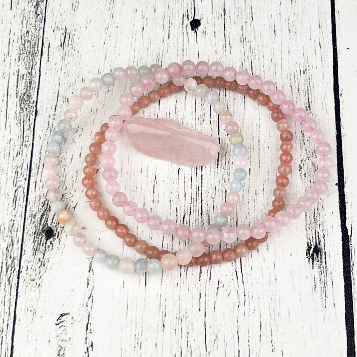 Self Love Stacking Bracelets • Rose Quartz, Morganite & Peach Moonstone • 4mm Beads • Feminine Energy Crystal Jewelry - Crystals for everyone • Crystals And Cord