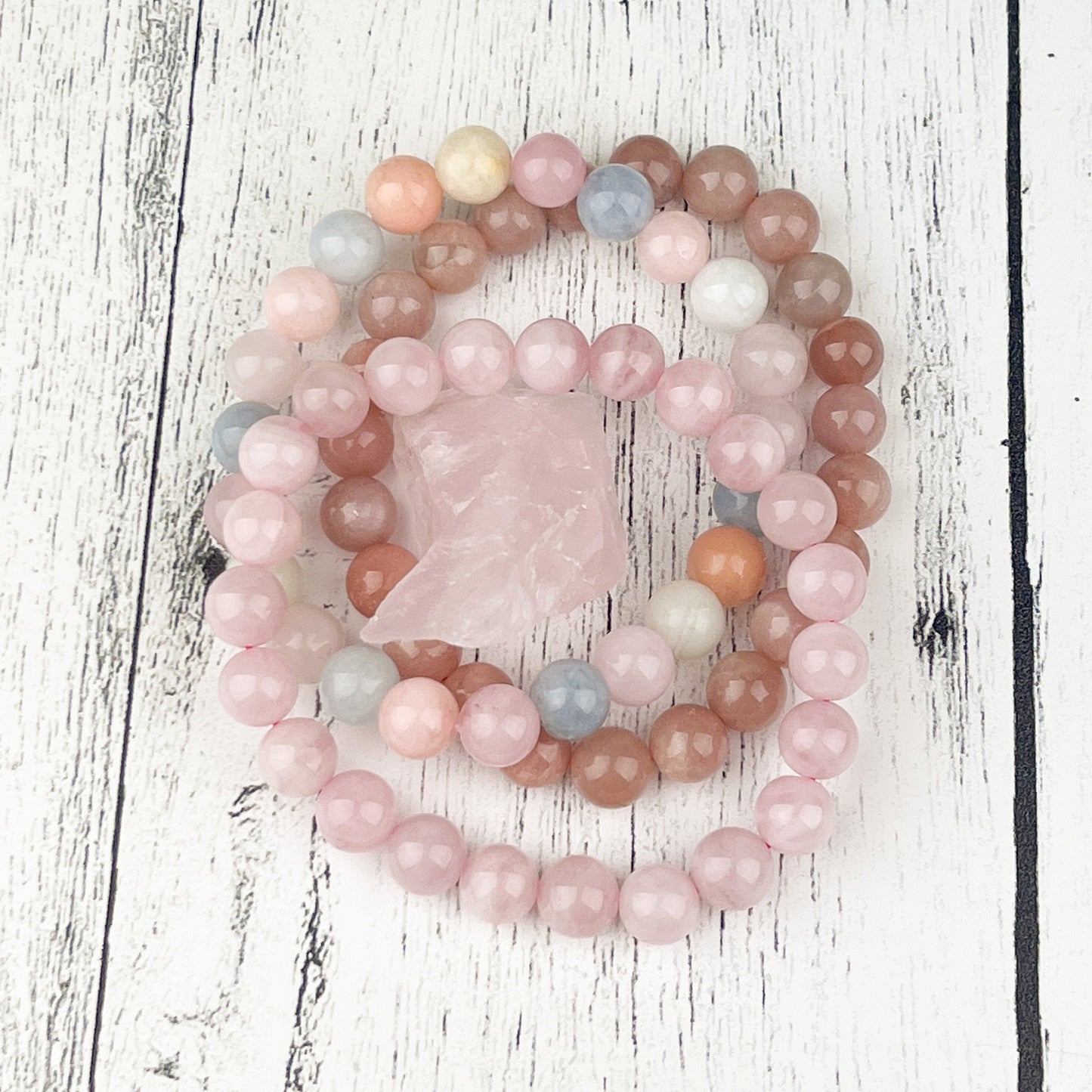 Self Love Stack Gemstone Bracelet Set - Rose Quartz, Peach Moonstone, Morganite - Emotional Healing, Calming Energy, Self-Love - 8mm Beads - Crystals for everyone • Crystals And Cord