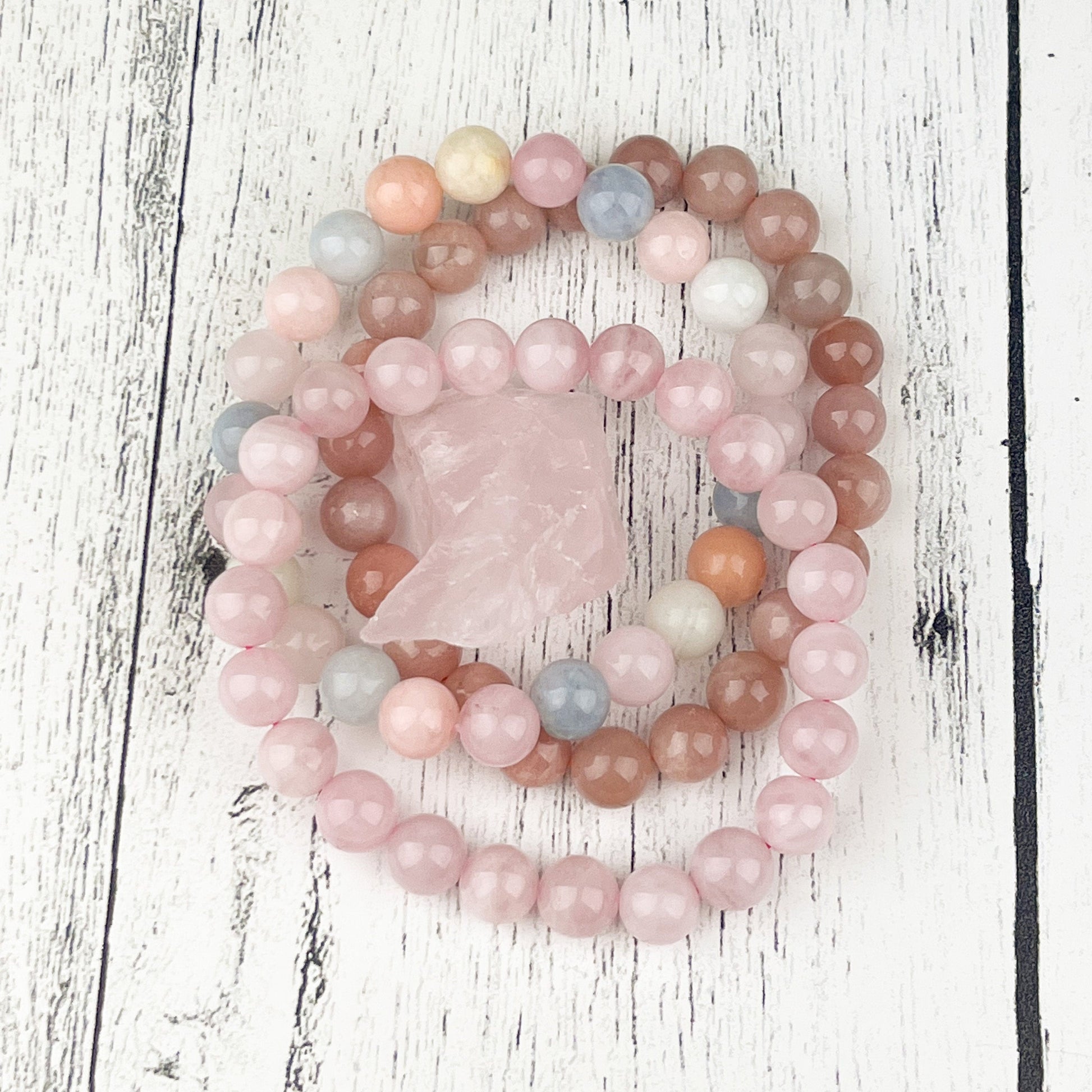 Self Love Stack Gemstone Bracelet Set - Rose Quartz, Peach Moonstone, Morganite - Emotional Healing, Calming Energy, Self-Love - 8mm Beads - Crystals for everyone • Crystals And Cord