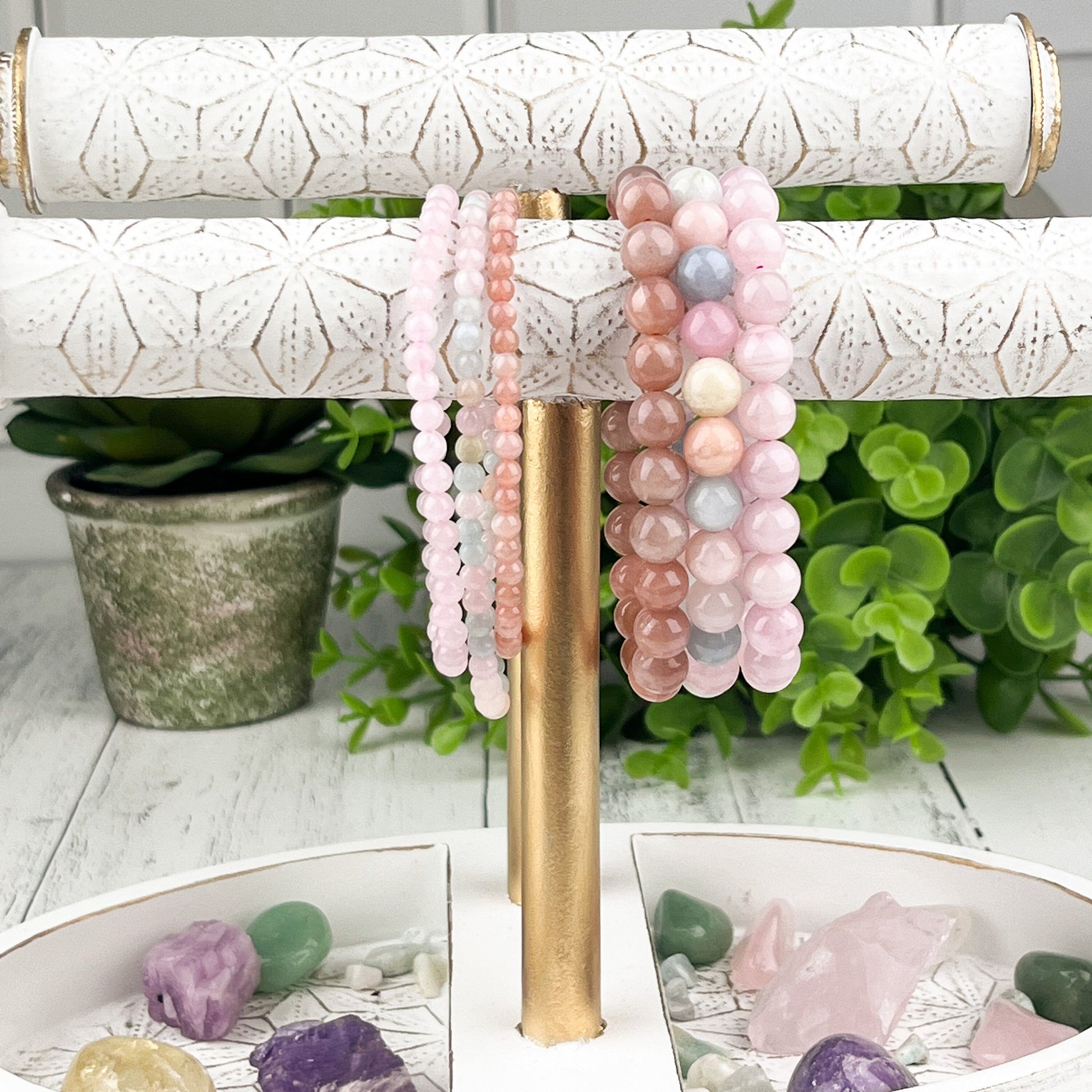 Self Love Stack Gemstone Bracelet Set - Rose Quartz, Peach Moonstone, Morganite - Emotional Healing, Calming Energy, Self-Love - 8mm Beads - Crystals for everyone • Crystals And Cord