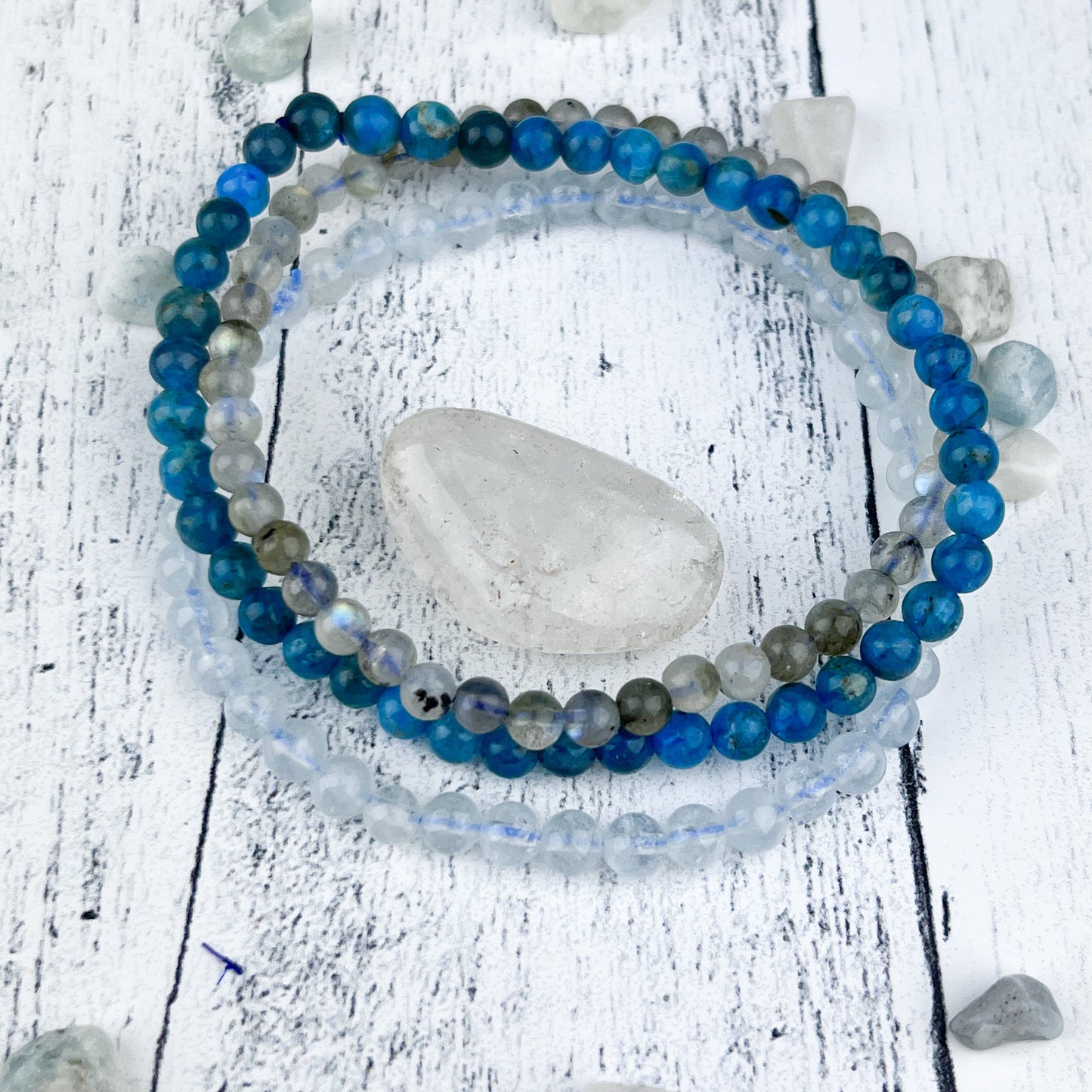 Creativity Stacking Bracelet Set – Aquamarine, Blue Apatite & Labradorite Gemstone Bracelets | Calming, Manifestation, Imagination Gift - Crystals for everyone • Crystals And Cord