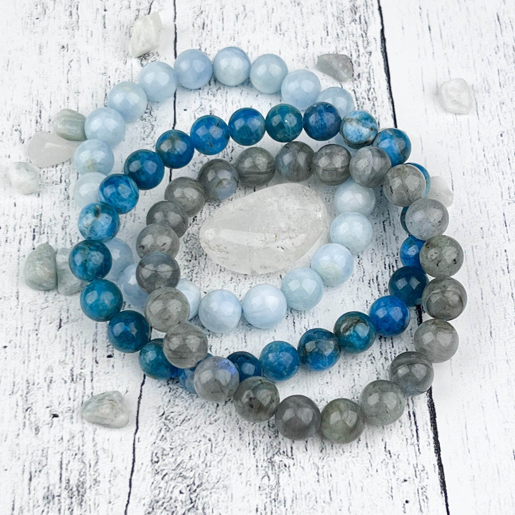Gemstone Bracelet Set for Creativity, Stress Relief, and Manifestation Labradorite, Blue Apatite and Aquamarine - Crystals for everyone • Crystals And Cord
