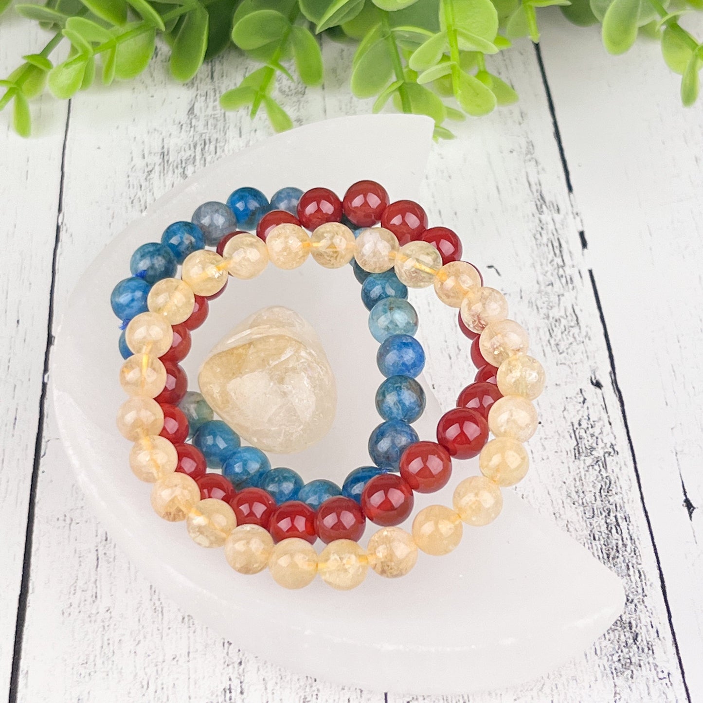 Manifestation and Creativity Gemstone Bracelet Set - Blue Apatite, Citrine, and Carnelian - Energy Stack Set 8mm - Crystals for everyone • Crystals And Cord