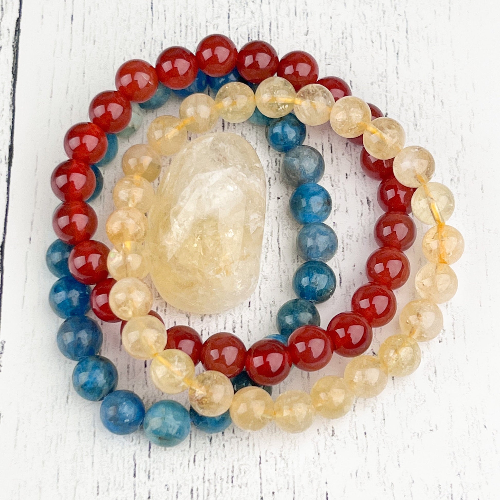 Manifestation and Creativity Gemstone Bracelet Set - Blue Apatite, Citrine, and Carnelian - Energy Stack Set 8mm - Crystals for everyone • Crystals And Cord