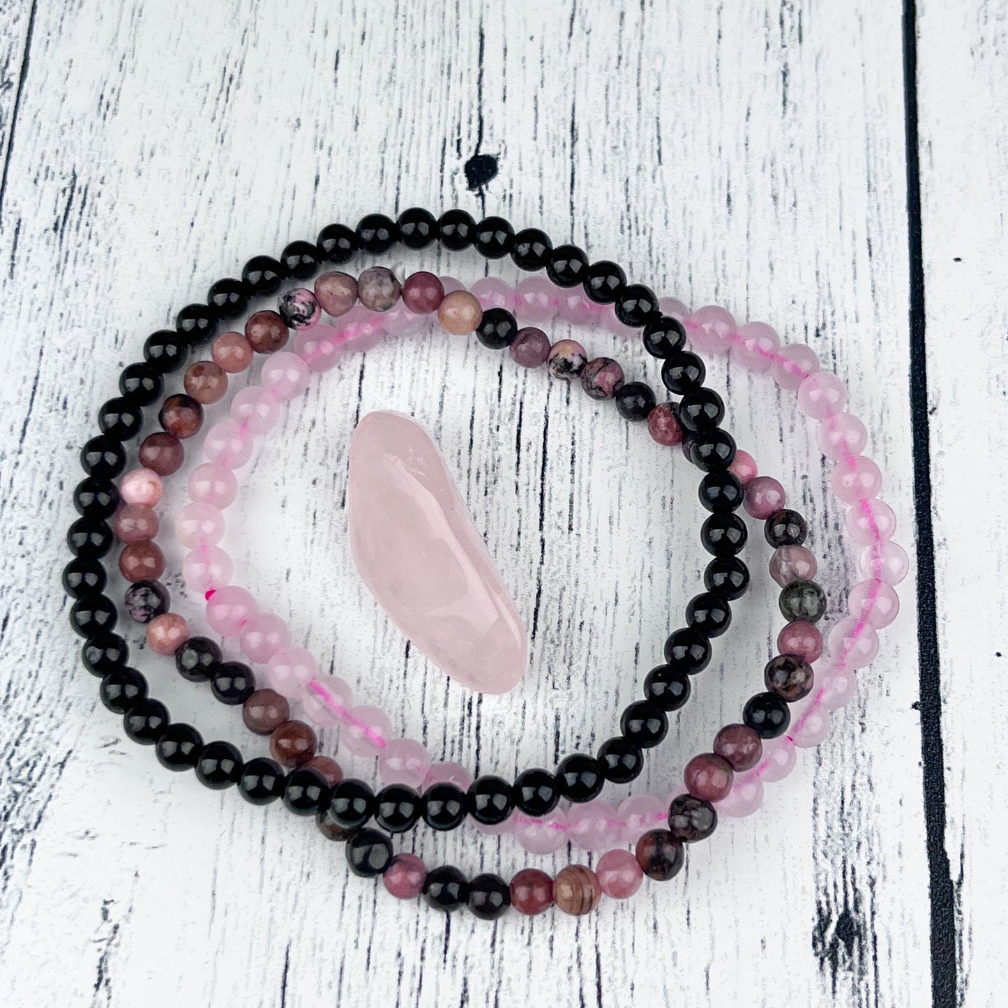 Stress Relief Gemstone Bracelet Set, Rose Quartz, Rhodonite, Black Tourmaline, 4mm Beads, Healing Crystals, Calming Energy Jewelry - Crystals for everyone • Crystals And Cord
