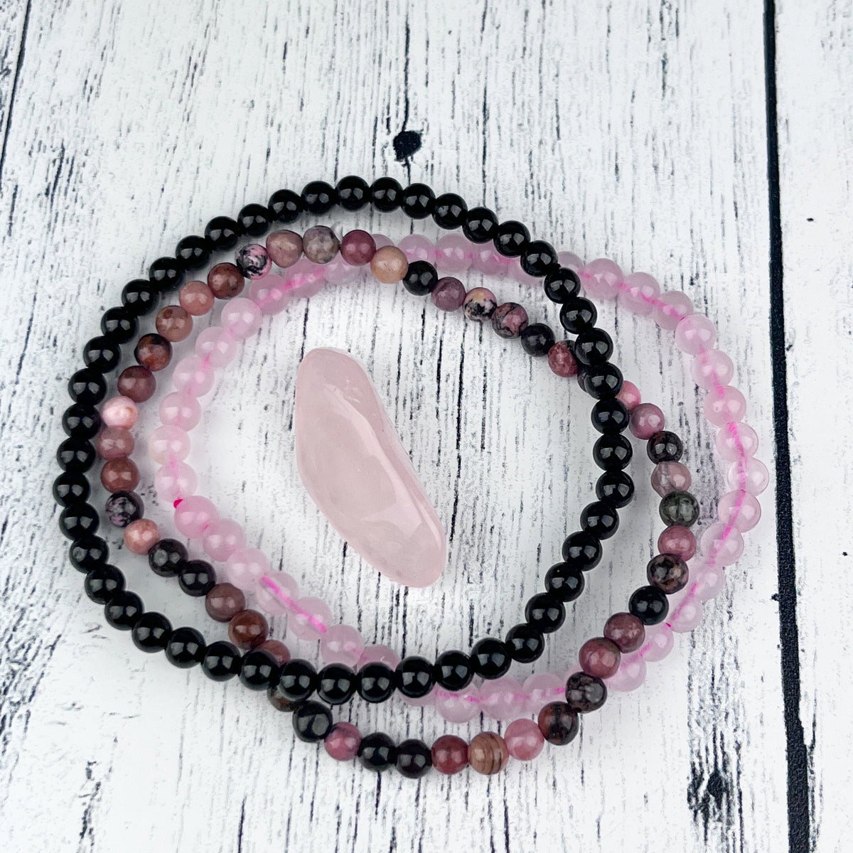 Stress Relief Bracelet Set – Dainty Black Tourmaline, Rose Quartz, Rhodonite Stacking Bracelets