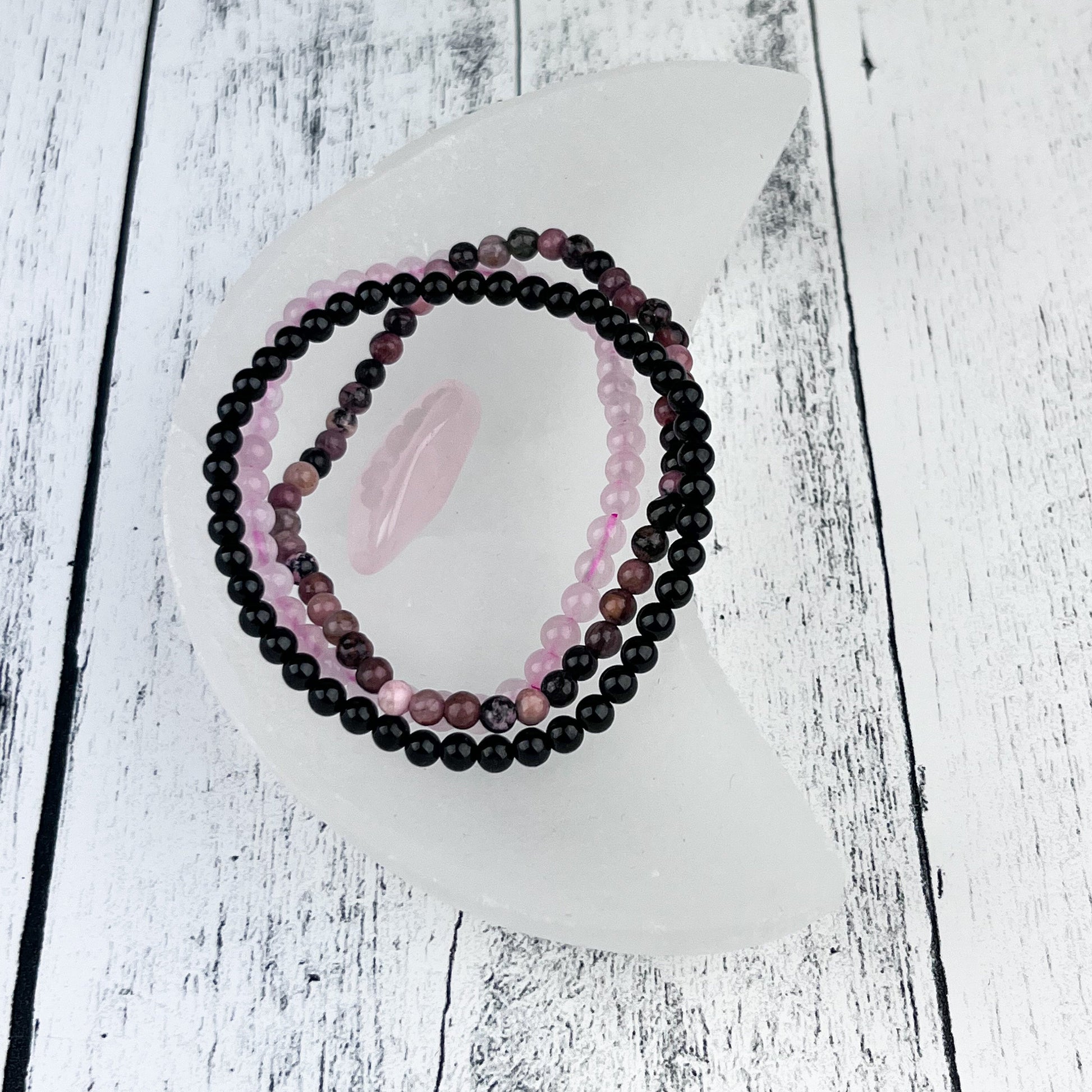Stress Relief Gemstone Bracelet Set, Rose Quartz, Rhodonite, Black Tourmaline, 4mm Beads, Healing Crystals, Calming Energy Jewelry - Crystals for everyone • Crystals And Cord