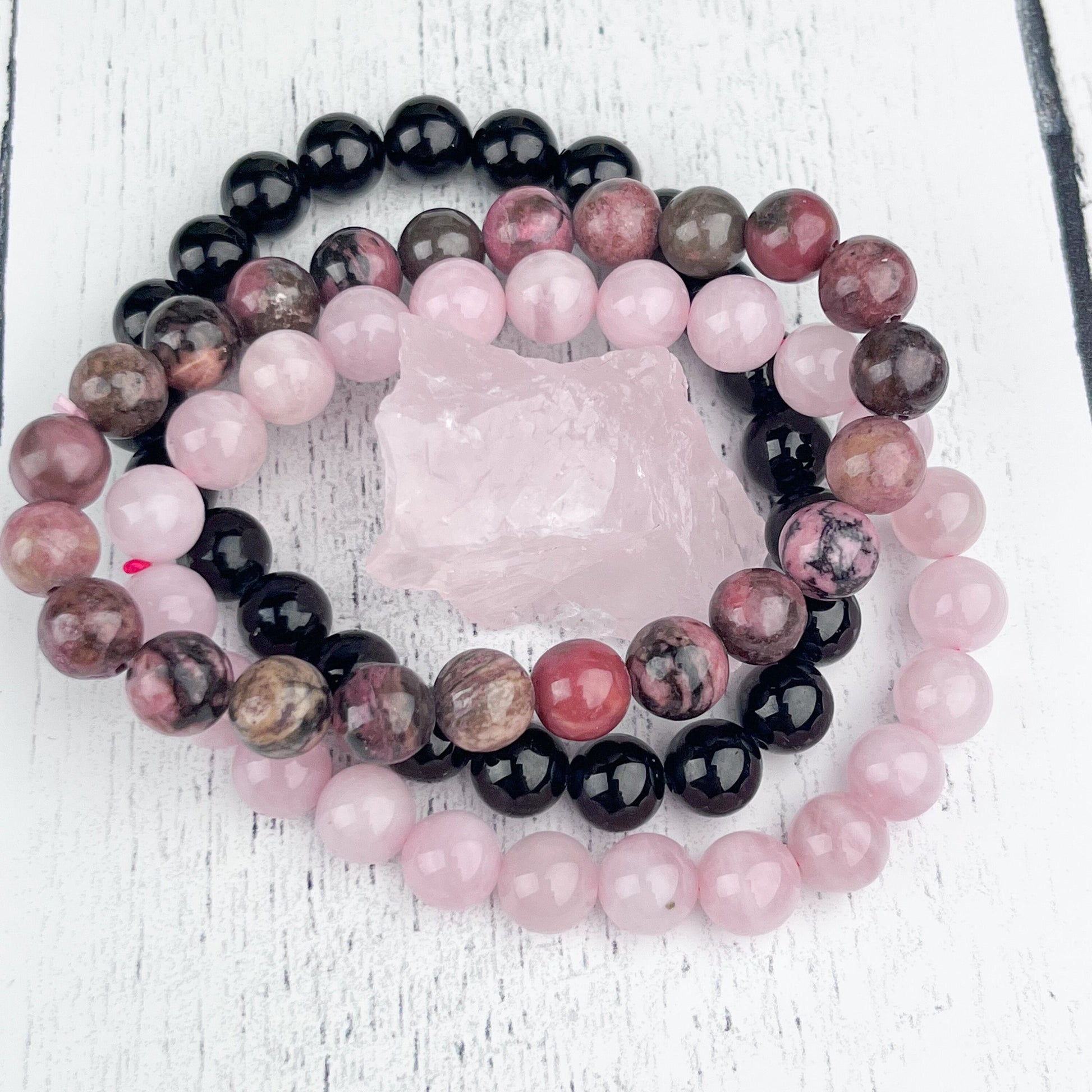 Set of 3 Healing Crystal Stacking Bracelets 8mm for Stress Relief, Rose Quartz Rhodonite Black Tourmaline Gemstones, Calming Energy Jewelry - Crystals for everyone • Crystals And Cord