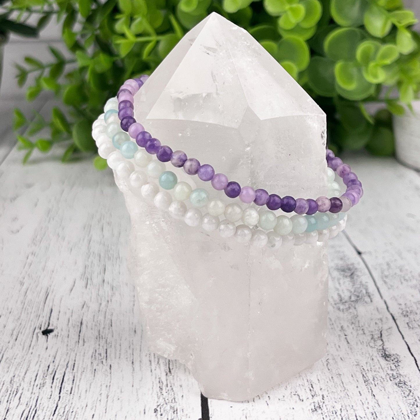 Gemstone Harmony Stack Bracelet Set with Amazonite, Lepidolite & Moonstone Beads for Inner Balance - Emotional Wellbeing - Crystals for everyone • Crystals And Cord