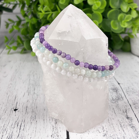 Gemstone Harmony Stack Bracelet Set with Amazonite, Lepidolite & Moonstone Beads for Inner Balance - Emotional Wellbeing - Crystals for everyone • Crystals And Cord