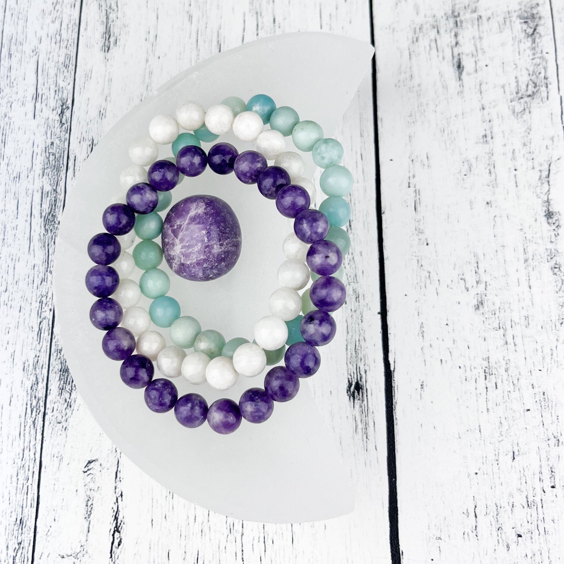 Harmony Stack Bracelet Set: Amazonite, Lepidolite, White Moonstone - Gemstone beaded bracelets for balance, self-love, and new beginnings - Crystals for everyone • Crystals And Cord