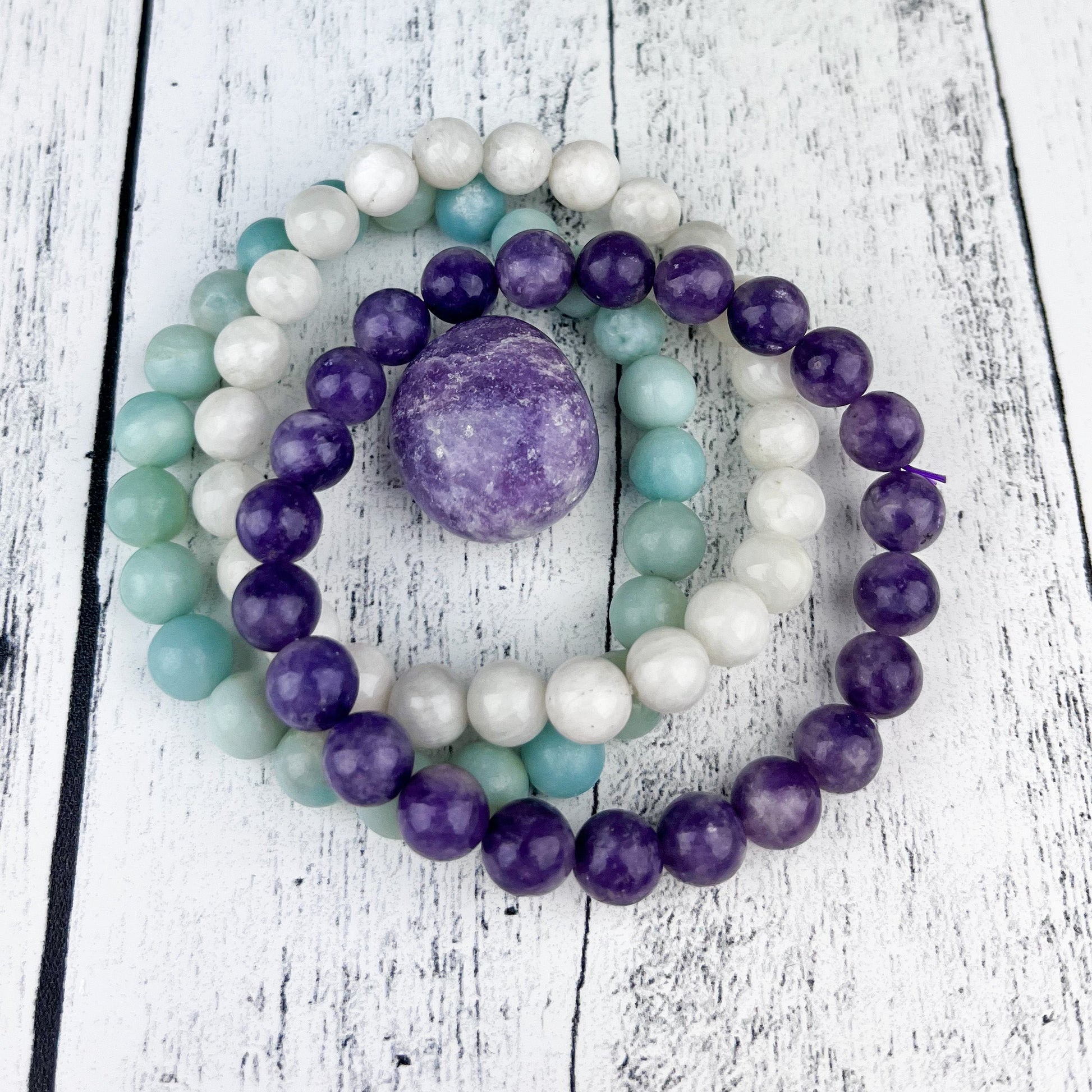 Harmony Stack Bracelet Set: Amazonite, Lepidolite, White Moonstone - Gemstone beaded bracelets for balance, self-love, and new beginnings - Crystals for everyone • Crystals And Cord