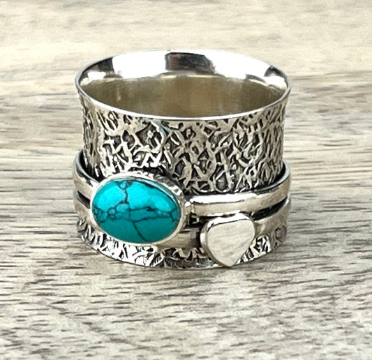 Turquoise Spinner Gemstone Ring .925 Sterling Silver, Boho Crystal Jewelry, Handcrafted Southwest Band Ring, Calming Fidget Meditation Ring - Crystals for everyone • Crystals And Cord