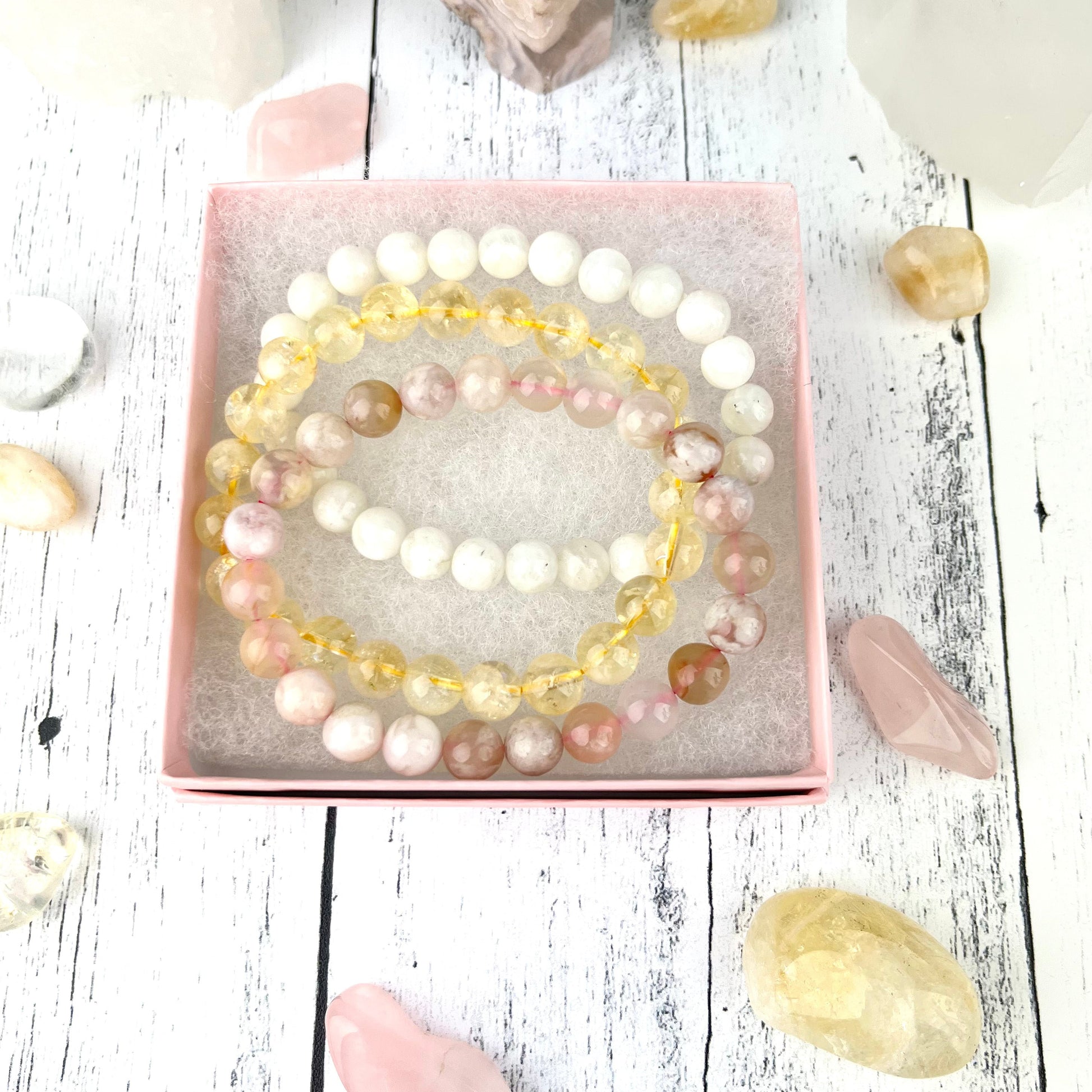Gemstone Bracelet Set – Citrine, Flower Agate, Moonstone | New Beginnings Stack for Wealth and Confidence Gift - Crystals for everyone • Crystals And Cord