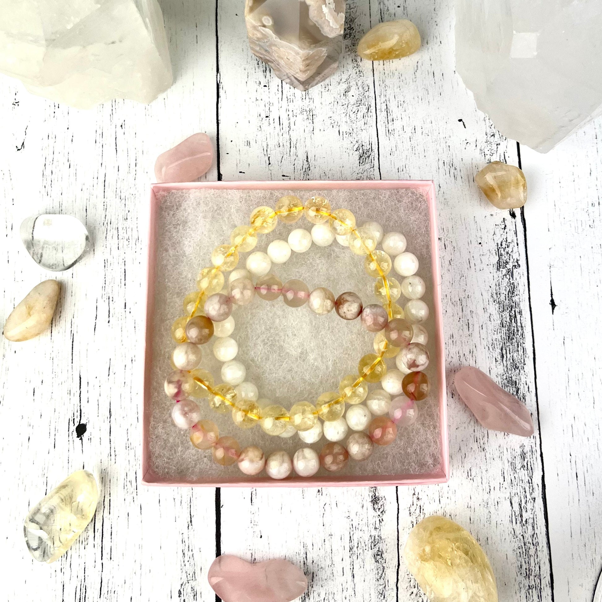 Gemstone Bracelet Set – Citrine, Flower Agate, Moonstone | New Beginnings Stack for Wealth and Confidence Gift - Crystals for everyone • Crystals And Cord