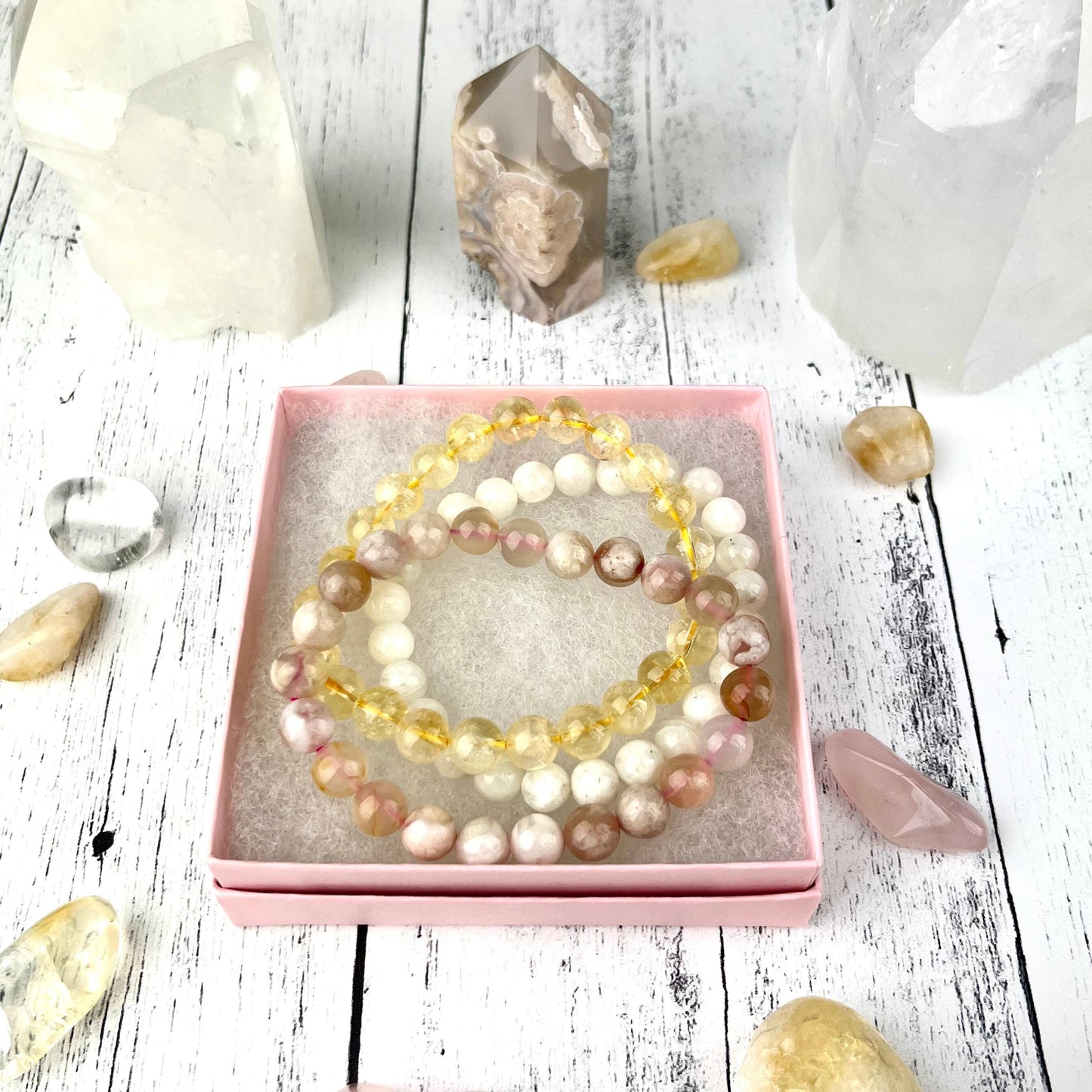 Gemstone Bracelet Set – Citrine, Flower Agate, Moonstone | New Beginnings Stack for Wealth and Confidence Gift - Crystals for everyone • Crystals And Cord