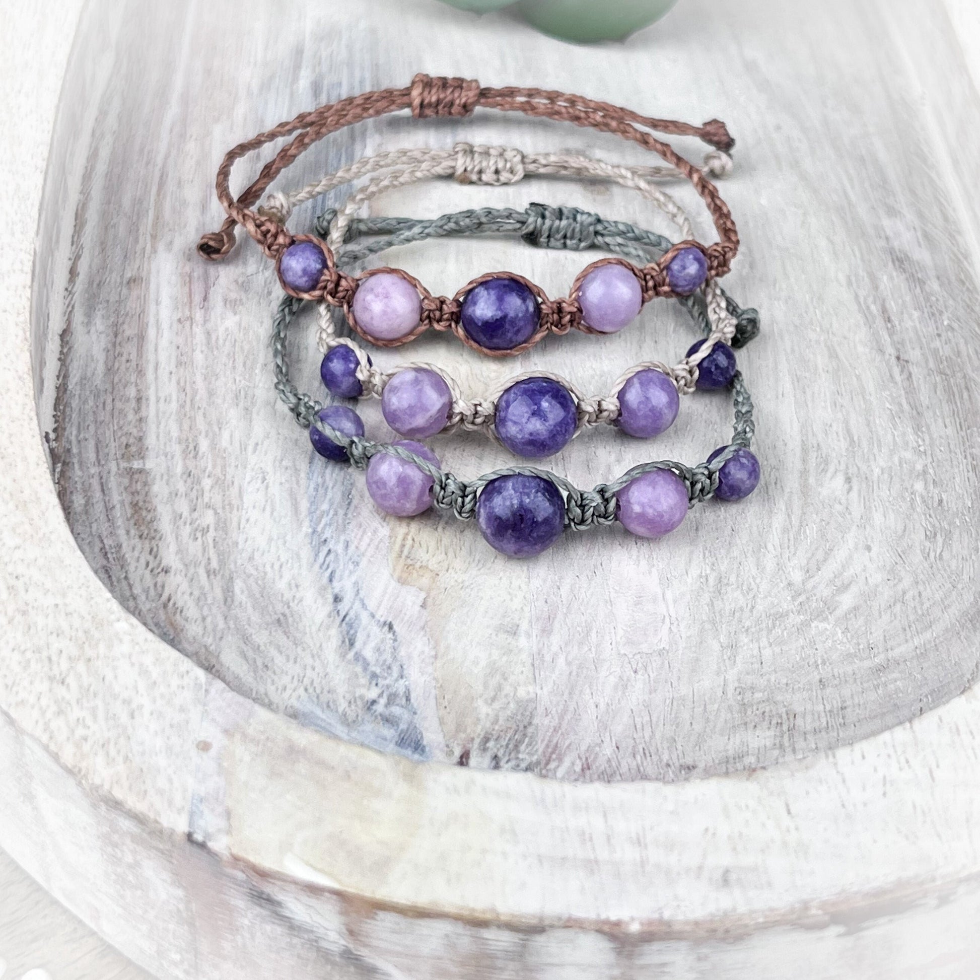 Hand Knotted Lepidolite Bead Bracelet with Adjustable Size - Handmade with Strong Waxed Cord for Emotional Balance and Nurturing Energies - Crystals for everyone • Crystals And Cord