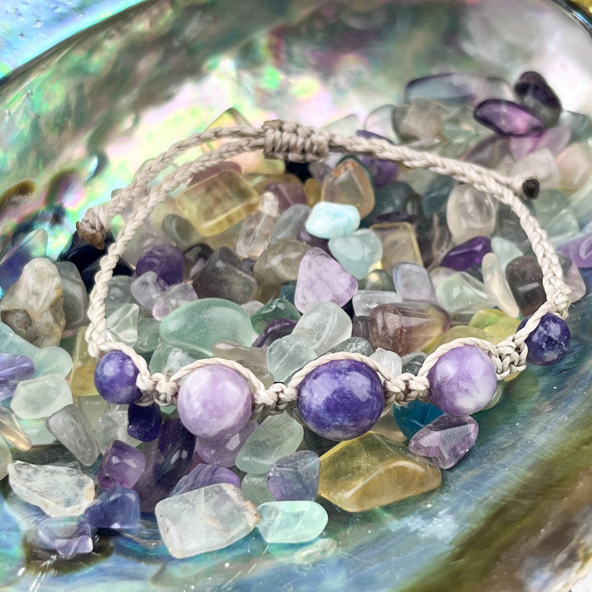 Hand Knotted Lepidolite Bead Bracelet with Adjustable Size - Handmade with Strong Waxed Cord for Emotional Balance and Nurturing Energies - Crystals for everyone • Crystals And Cord