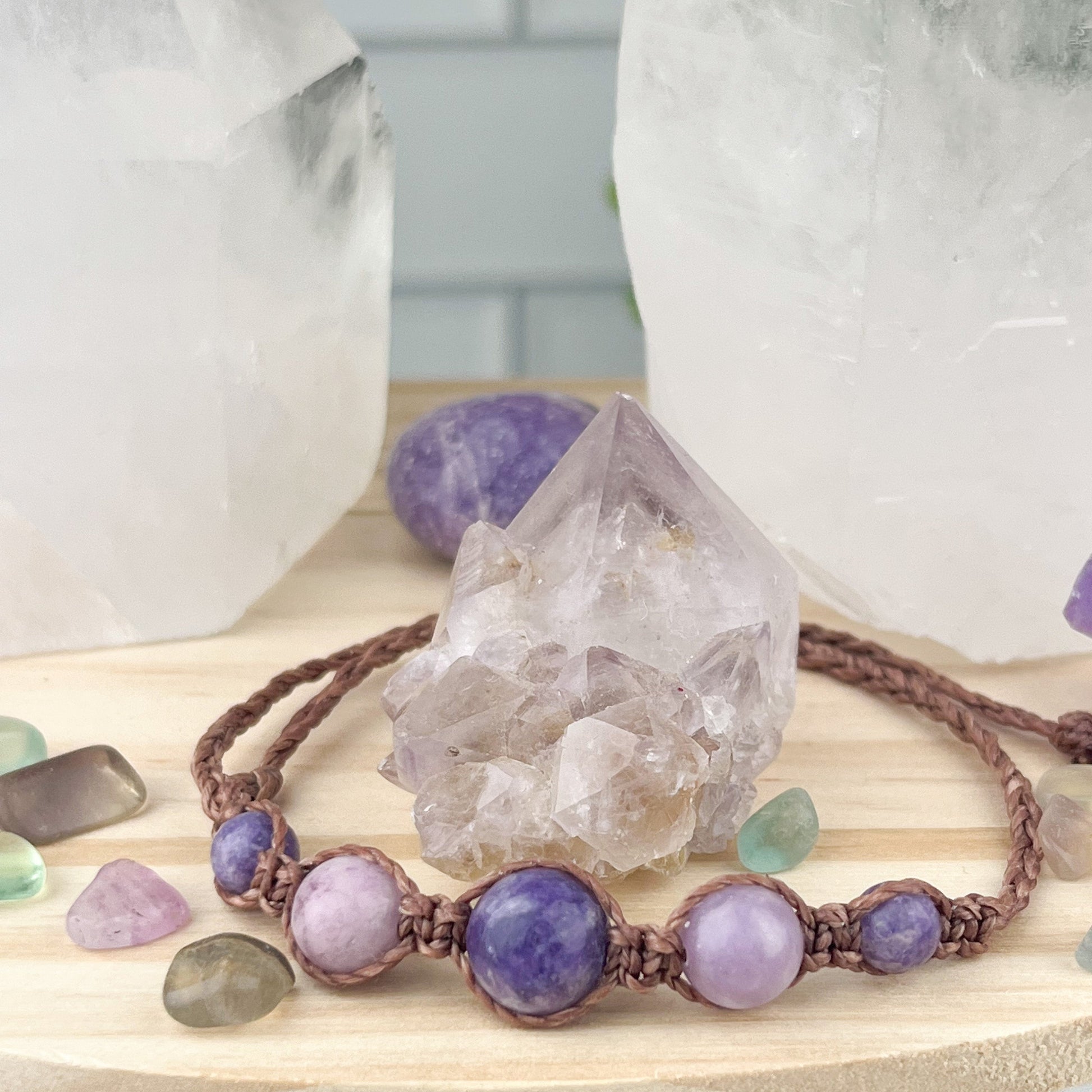 Hand Knotted Lepidolite Bead Bracelet with Adjustable Size - Handmade with Strong Waxed Cord for Emotional Balance and Nurturing Energies - Crystals for everyone • Crystals And Cord