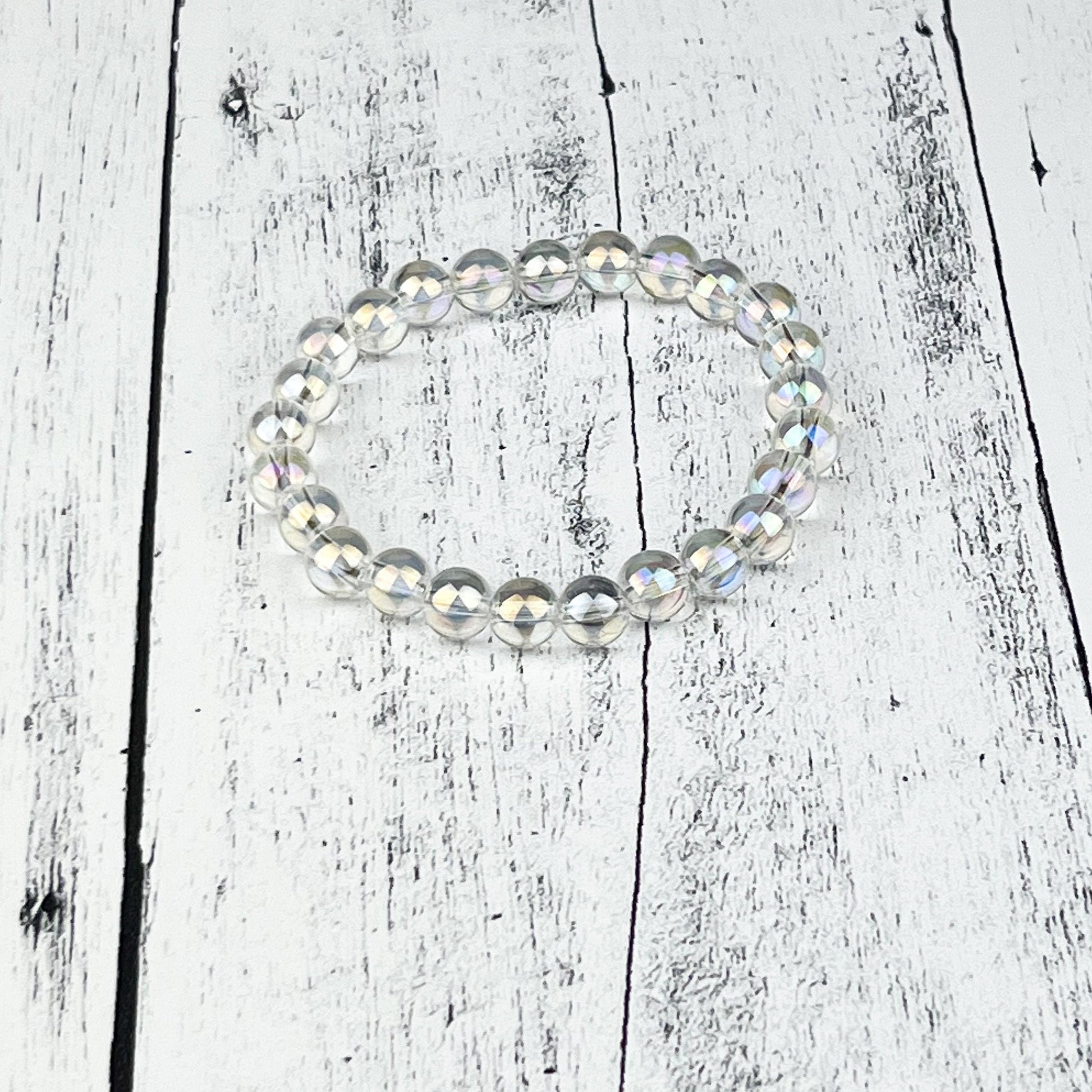 Angel Aura Quartz Gemstone Bracelet, Rainbow Aura Quartz 8mm beads, Stretch Quartz Crystal Bracelet, Spiritual jewelry Gift - Crystals for everyone • Crystals And Cord