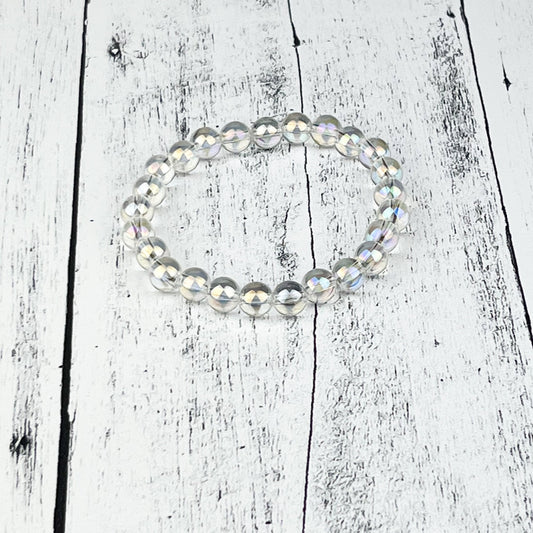 Angel Aura Quartz Gemstone Bracelet, Rainbow Aura Quartz 8mm beads, Stretch Quartz Crystal Bracelet, Spiritual jewelry Gift - Crystals for everyone • Crystals And Cord
