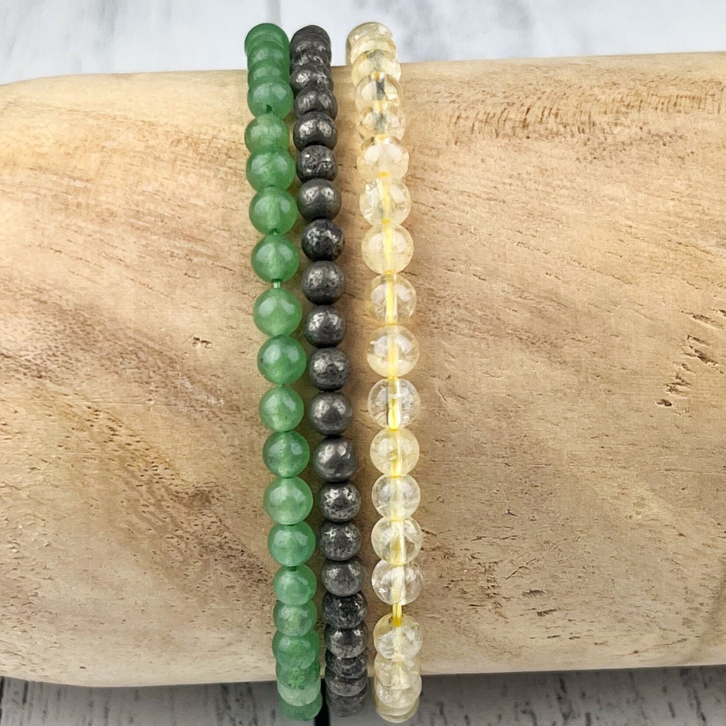 Abundance Stacking Bracelet Set Citrine, Pyrite & Green Aventurine Gemstone Bracelets 4mm - Wealth, Prosperity, Success, Luck, Protection - Crystals for everyone • Crystals And Cord