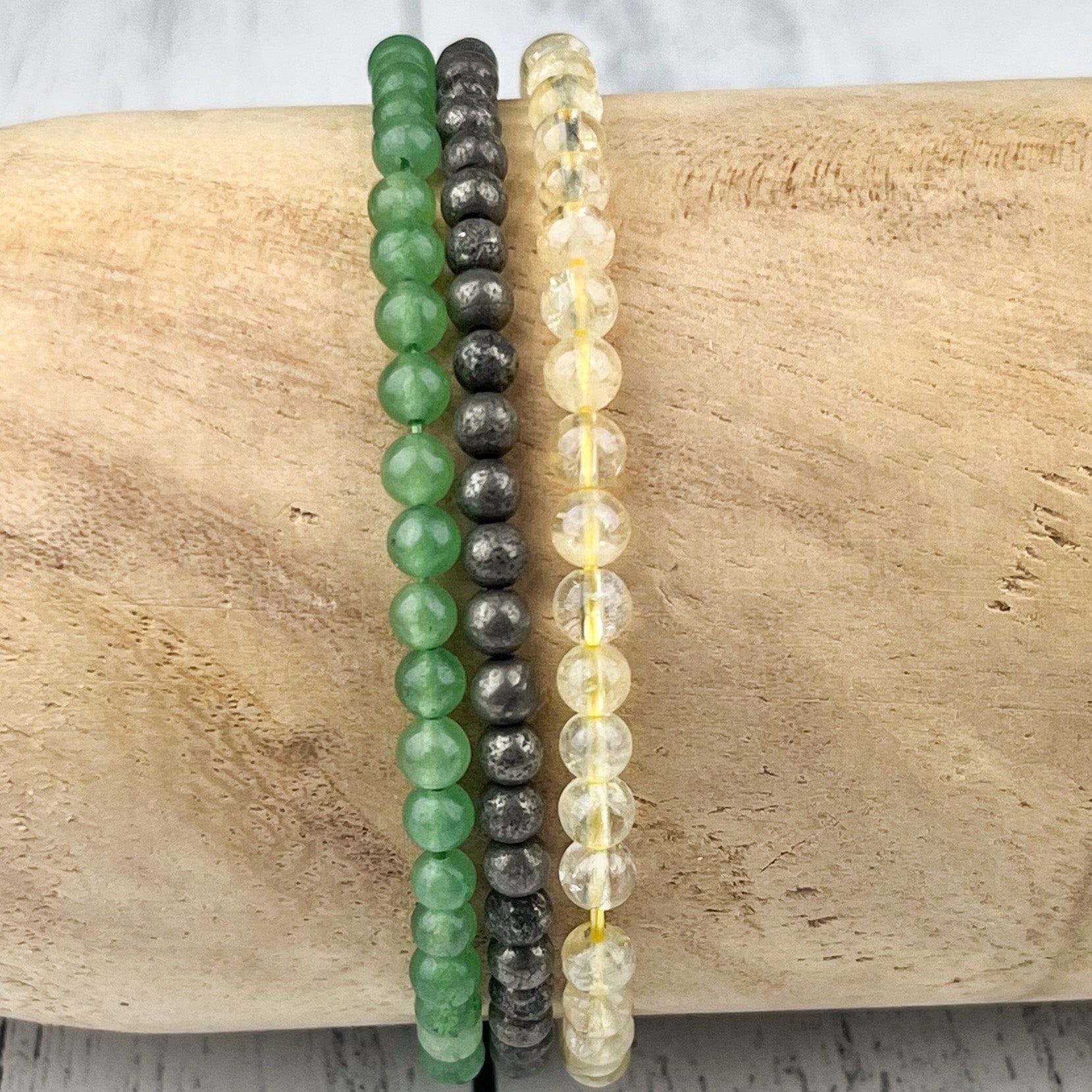 Abundance Stacking Bracelet Set Citrine, Pyrite & Green Aventurine Gemstone Bracelets 4mm - Wealth, Prosperity, Success, Luck, Protection - Crystals for everyone • Crystals And Cord