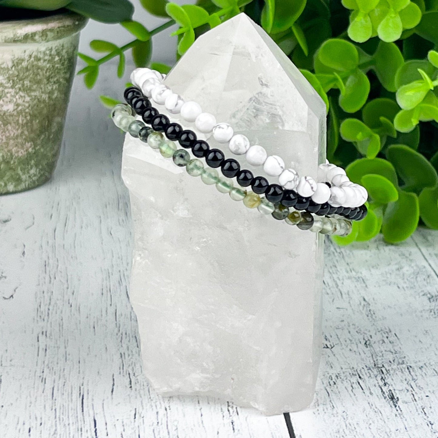 Protection Bracelet Stack – Black Tourmaline, Howlite and Prehnite Gemstone Bracelets for Grounding, Calming & Heart Healing 4mm Beads - Crystals for everyone • Crystals And Cord