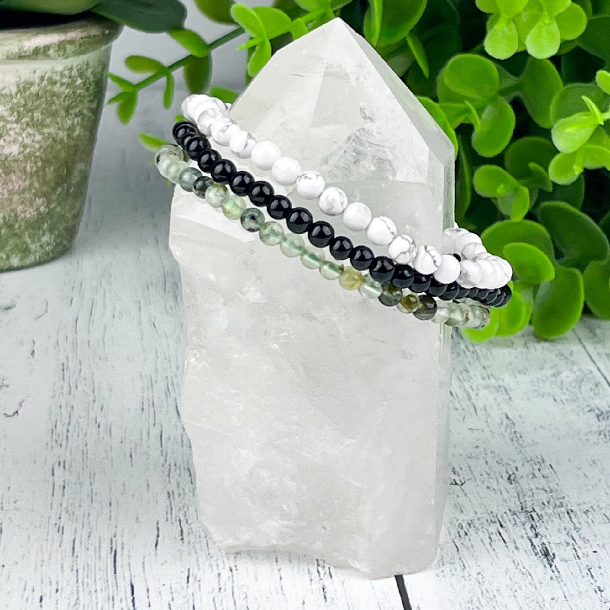Protection Bracelet Stack – Black Tourmaline, Howlite and Prehnite Gemstone Bracelets for Grounding, Calming & Heart Healing 4mm Beads - Crystals for everyone • Crystals And Cord