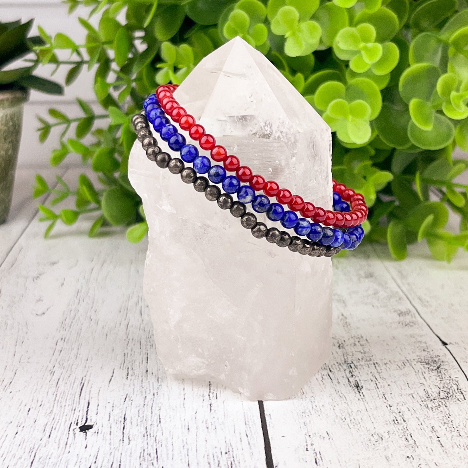 Motivation and Focus Crystal Bracelet Stack Carnelian, Pyrite & Sodalite 4mm Beads - Crystals for everyone • Crystals And Cord