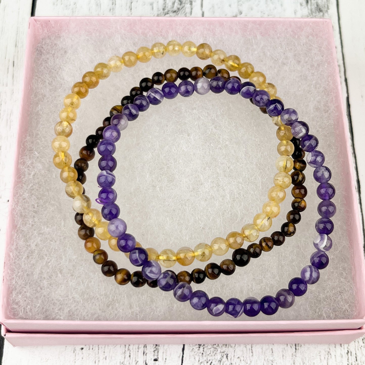 Gemstone Bracelet Stack Set for Success and Prosperity, Amethyst, Citrine, and Tiger Eye Spiritual Awareness and Good Fortune - Crystals for everyone • Crystals And Cord