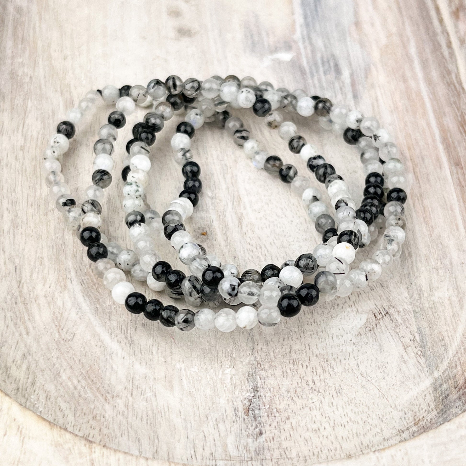 Gemstone Bracelet with Tourmalated Quartz for Purifying Energies - 4mm Stone Beads on Elastic - Spiritual Shield Stone - Crystals for everyone • Crystals And Cord