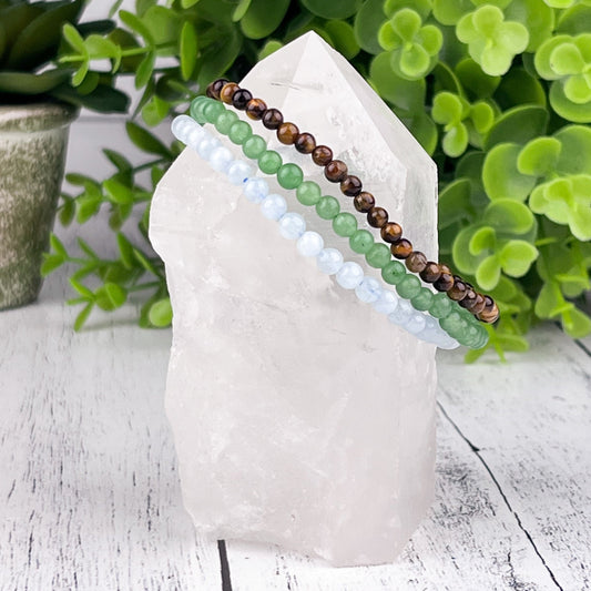 Gemstone Good Luck Stack Bracelet Set with Green Aventurine, Aquamarine, and Tiger Eye Beads for Luck, Success, and Protection - Crystals for everyone • Crystals And Cord