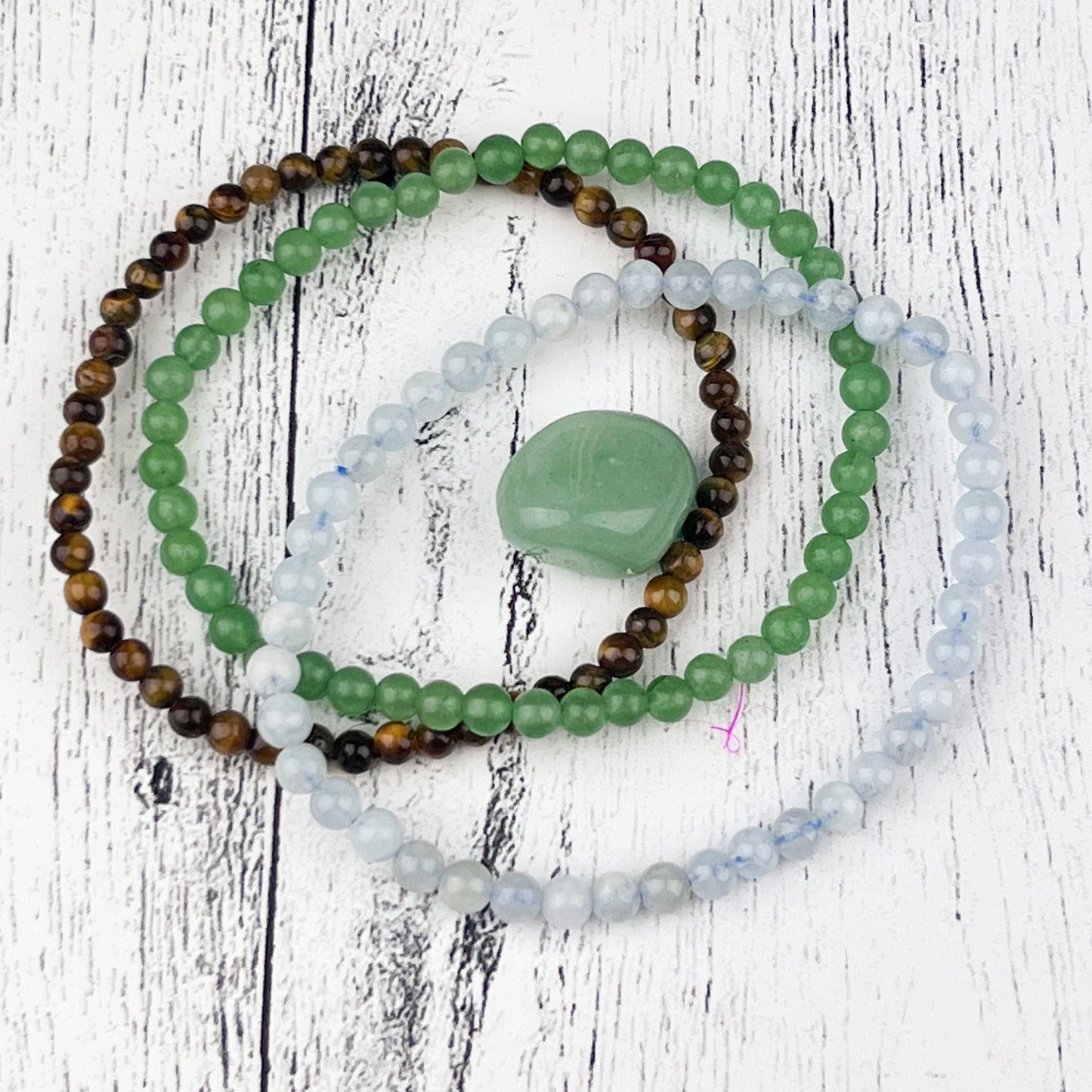 Gemstone Good Luck Stack Bracelet Set with Green Aventurine, Aquamarine, and Tiger Eye Beads for Luck, Success, and Protection - Crystals for everyone • Crystals And Cord