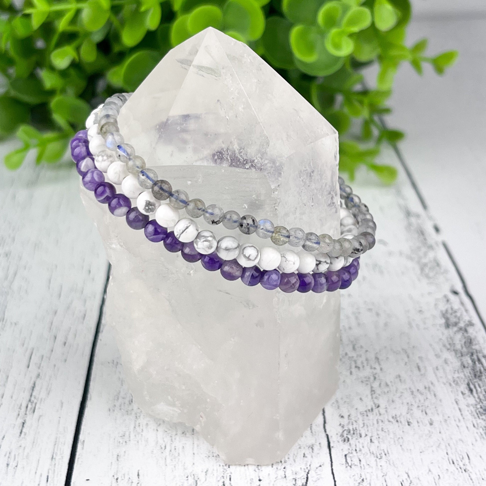 Serenity Gemstone Bracelet Set - Amethyst, Howlite, Labradorite - Stack of 3 - Spiritual Awareness, Calming, Joyful Energies - Crystals for everyone • Crystals And Cord