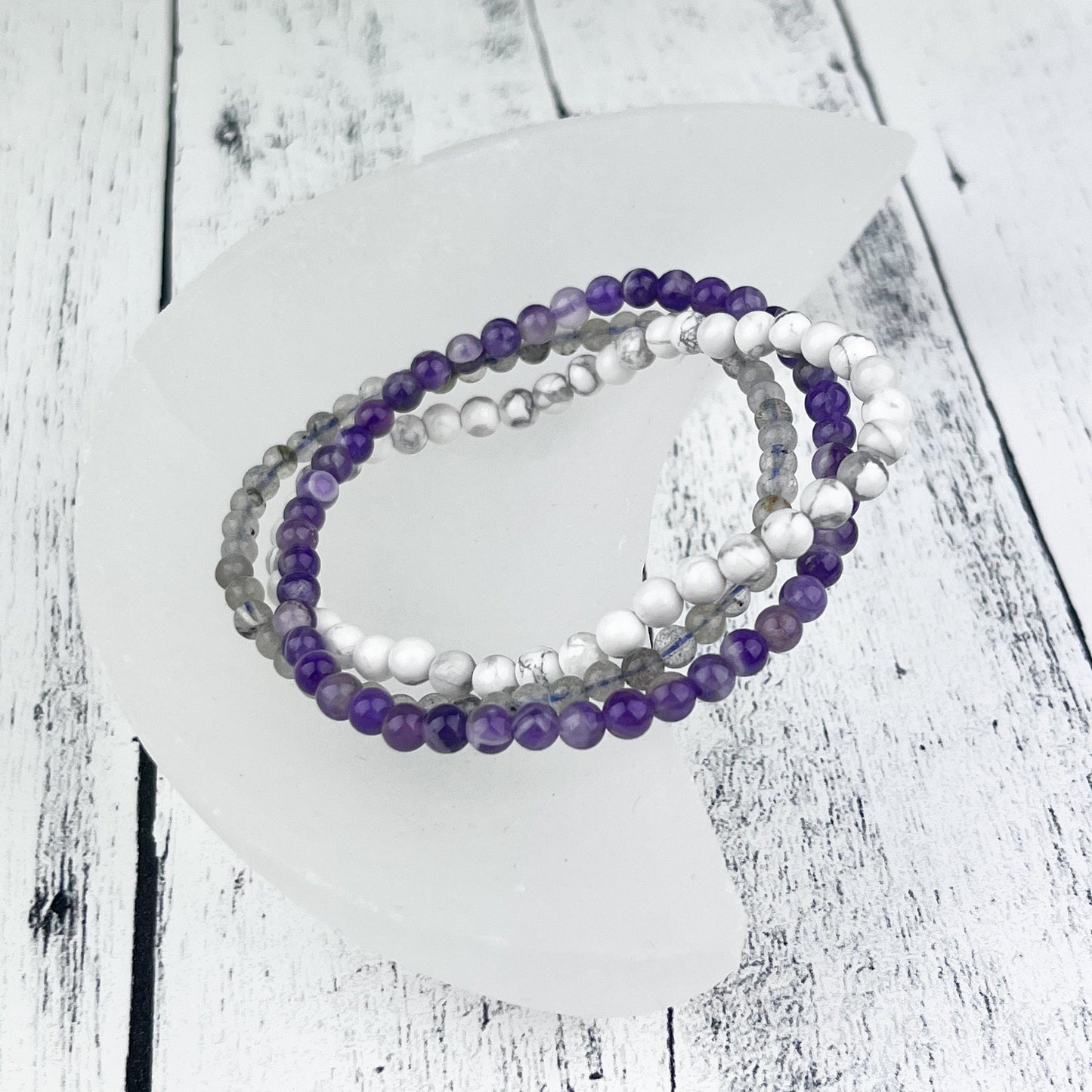 Serenity Gemstone Bracelet Set - Amethyst, Howlite, Labradorite - Stack of 3 - Spiritual Awareness, Calming, Joyful Energies - Crystals for everyone • Crystals And Cord