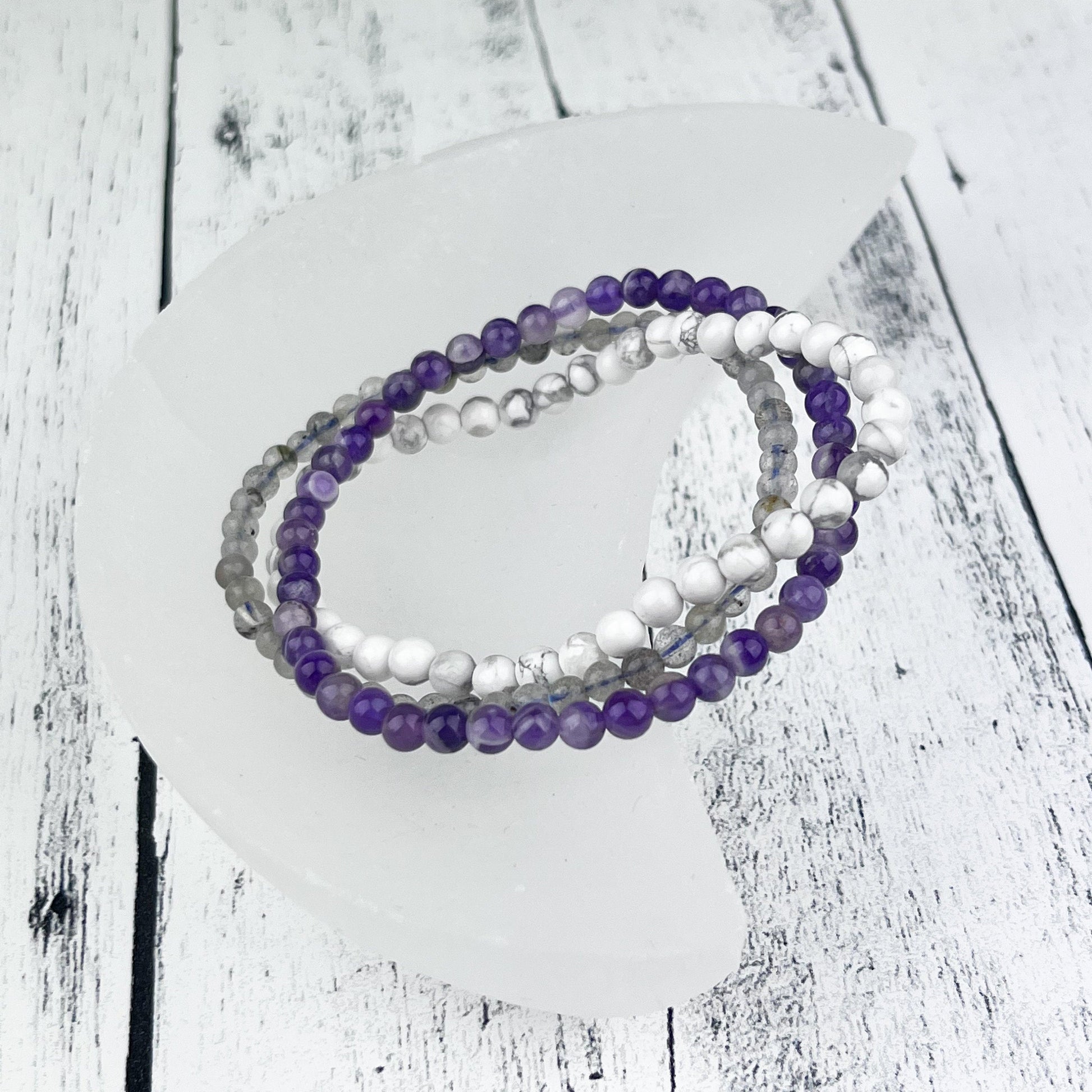 Serenity Gemstone Bracelet Set - Amethyst, Howlite, Labradorite - Stack of 3 - Spiritual Awareness, Calming, Joyful Energies - Crystals for everyone • Crystals And Cord